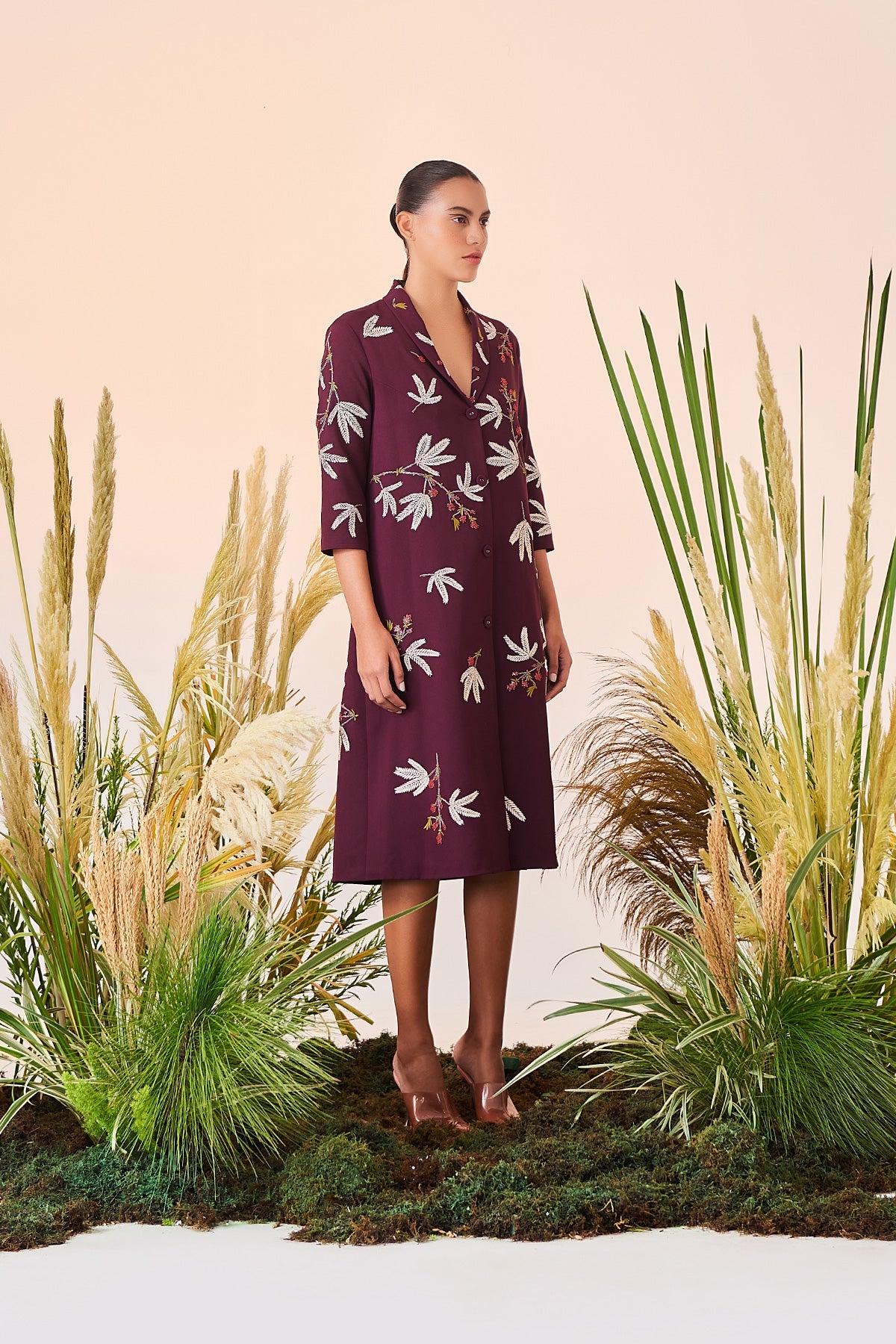 Tiny Branches Shawl Collar Long Dress
