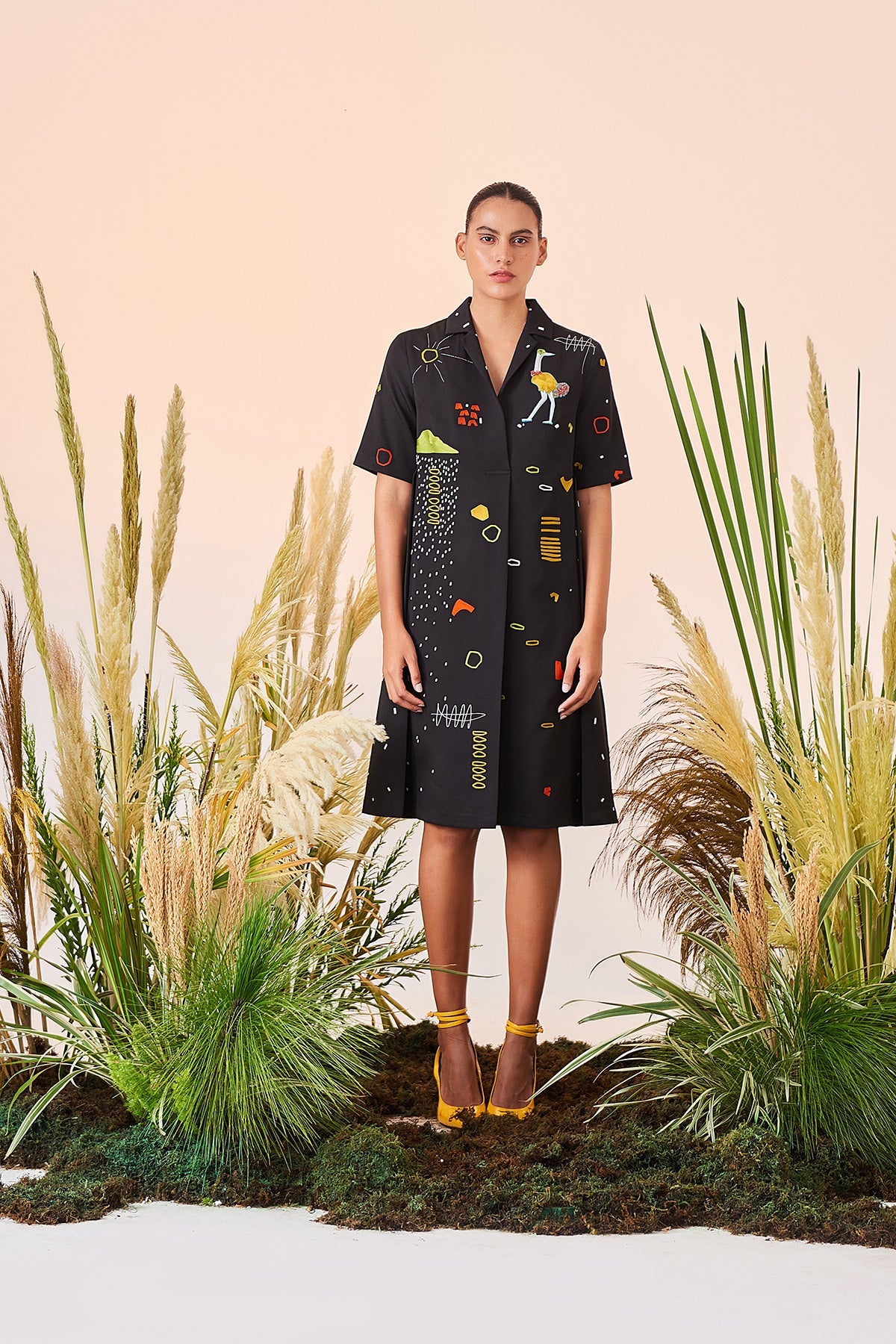 Abstract Shapes And Ostrich Panelled Waist Dress