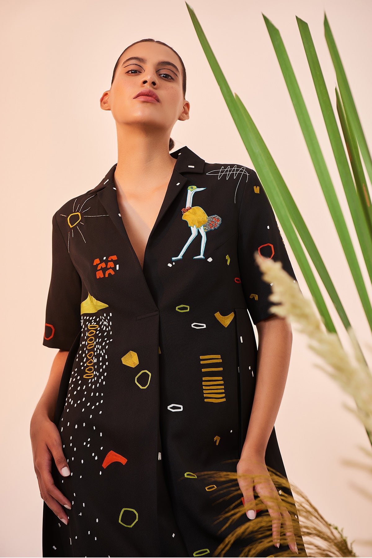 Abstract Shapes And Ostrich Panelled Waist Dress