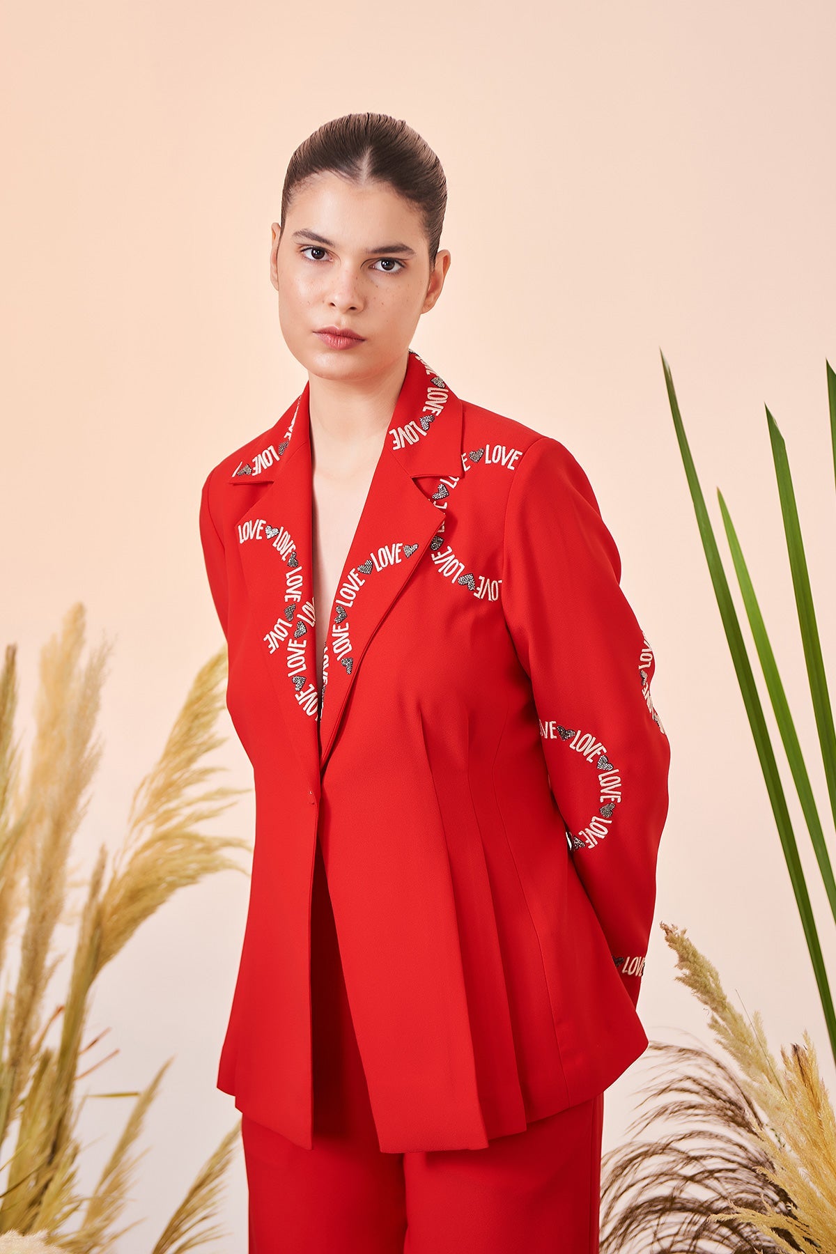 Love Circle Nipped Waist Coat And Straight Pant