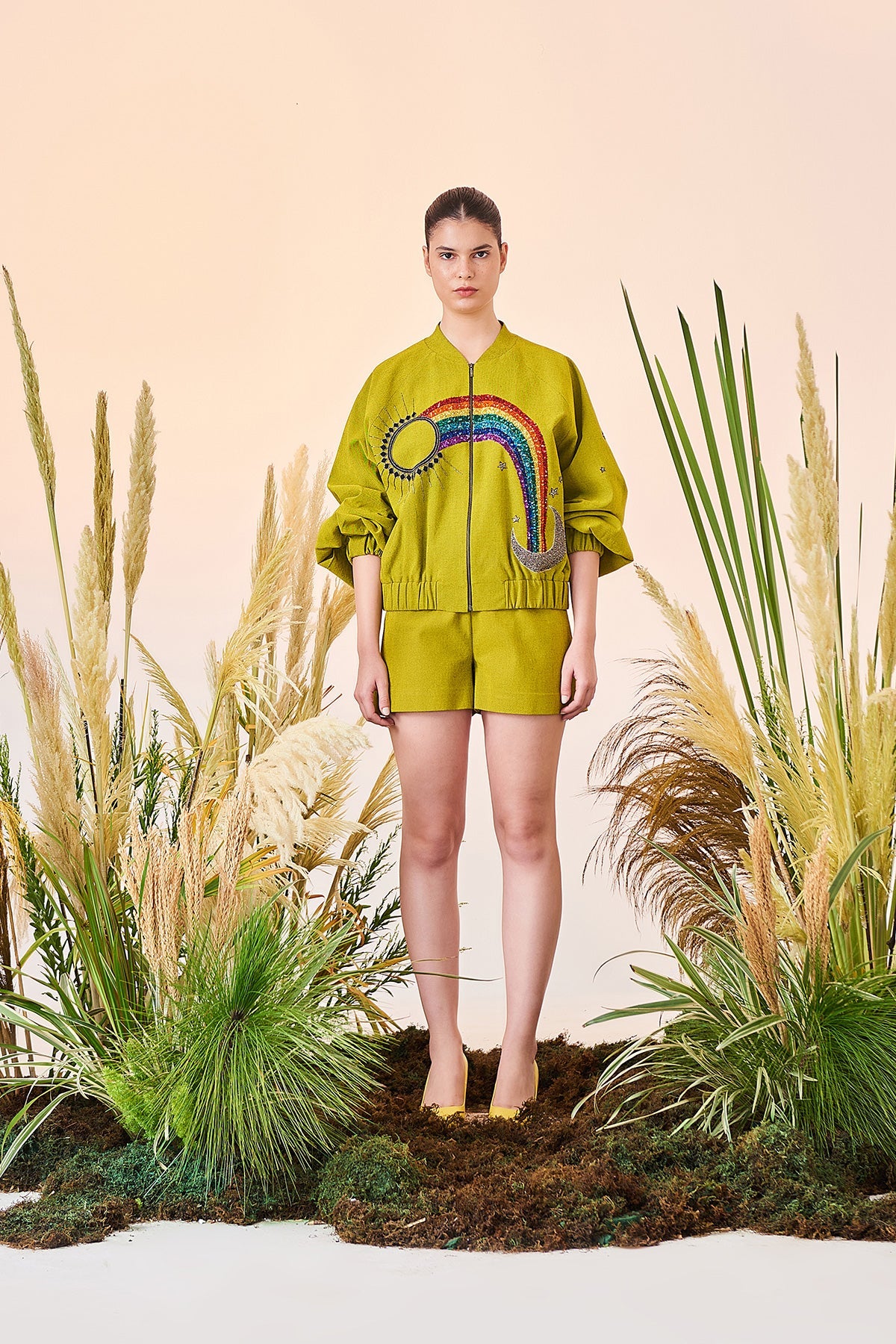 Sun, Moon, Star, Rainbow Balloon Sleeves Bomber Jacket And Shorts