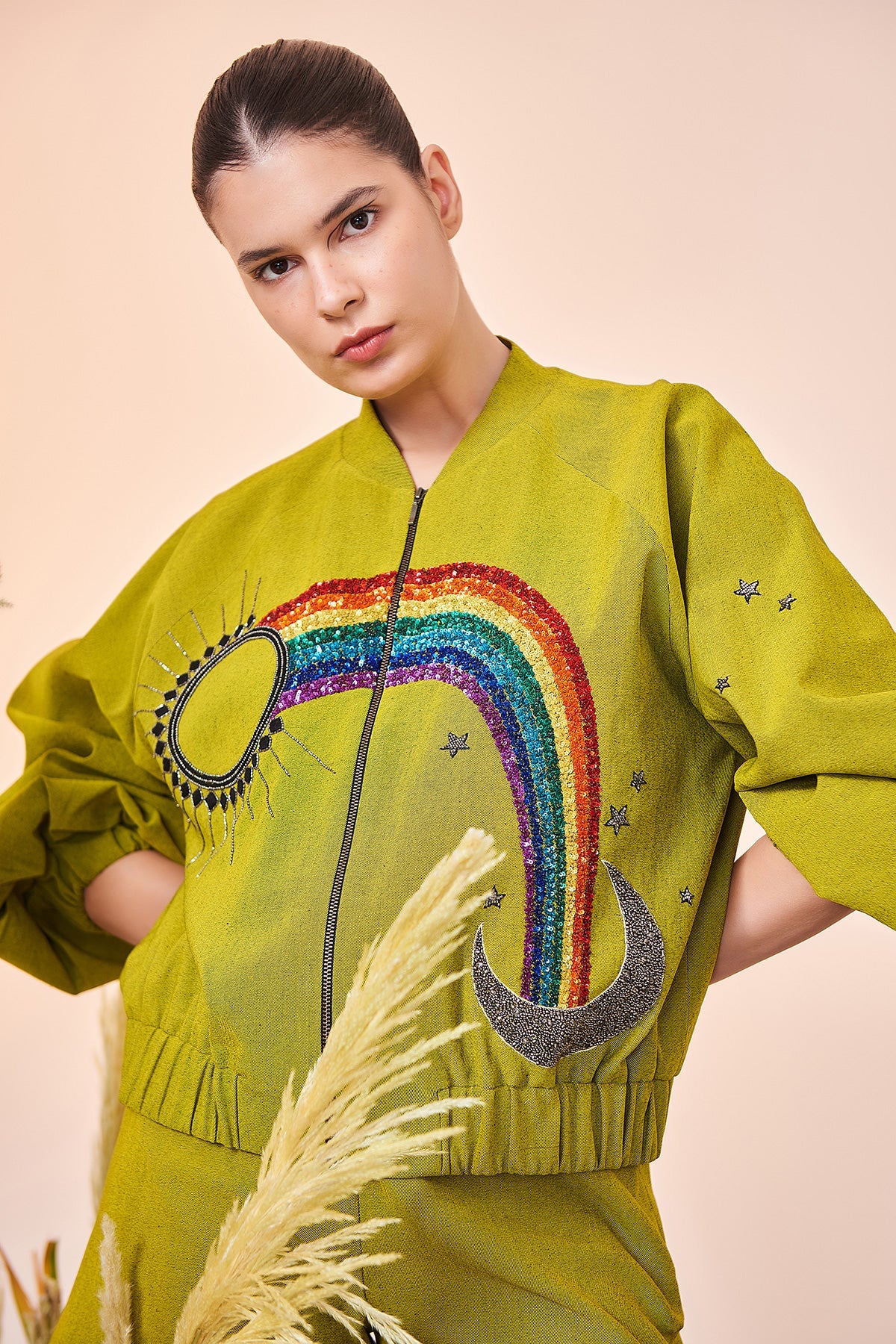 Sun, Moon, Star, Rainbow Balloon Sleeves Bomber Jacket And Shorts