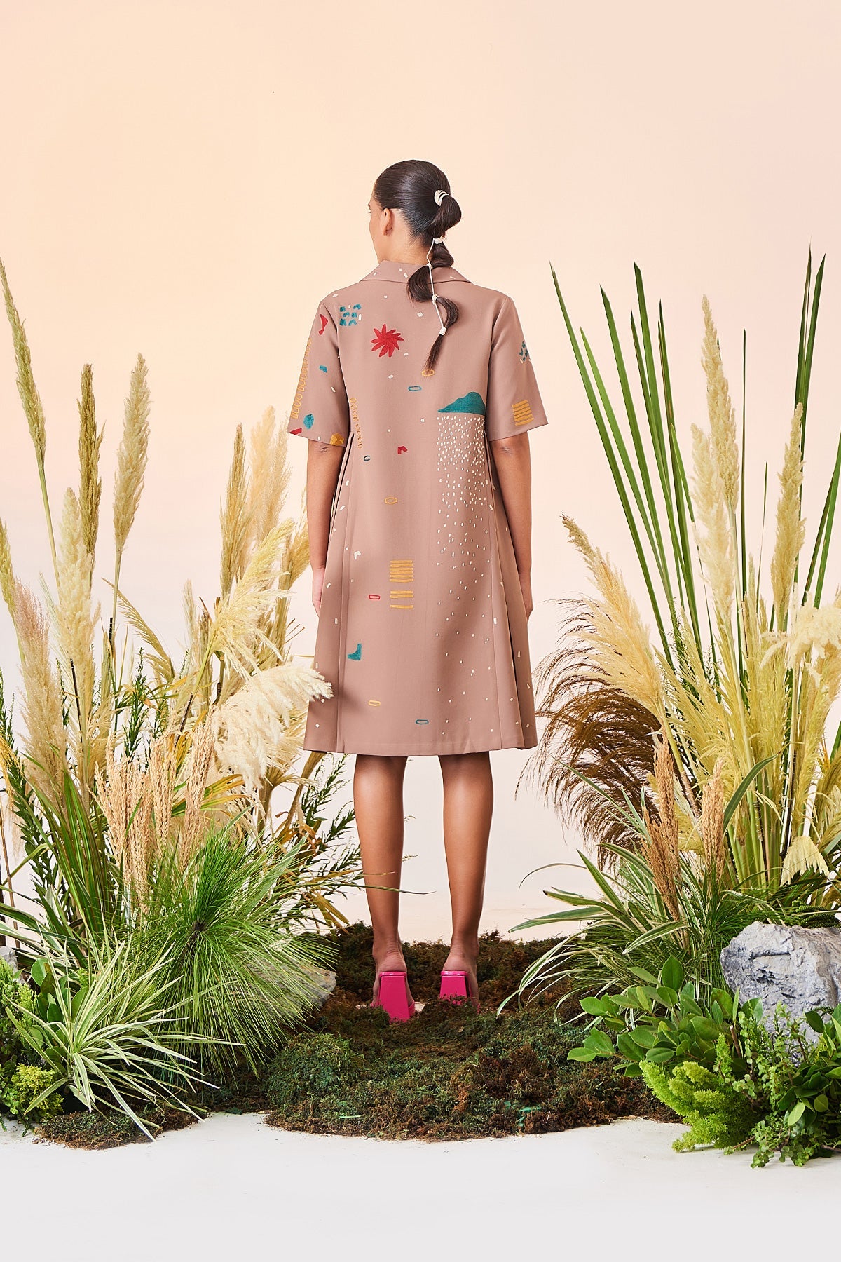 Abstract Shapes And Ostrich Panelled Waist Dress
