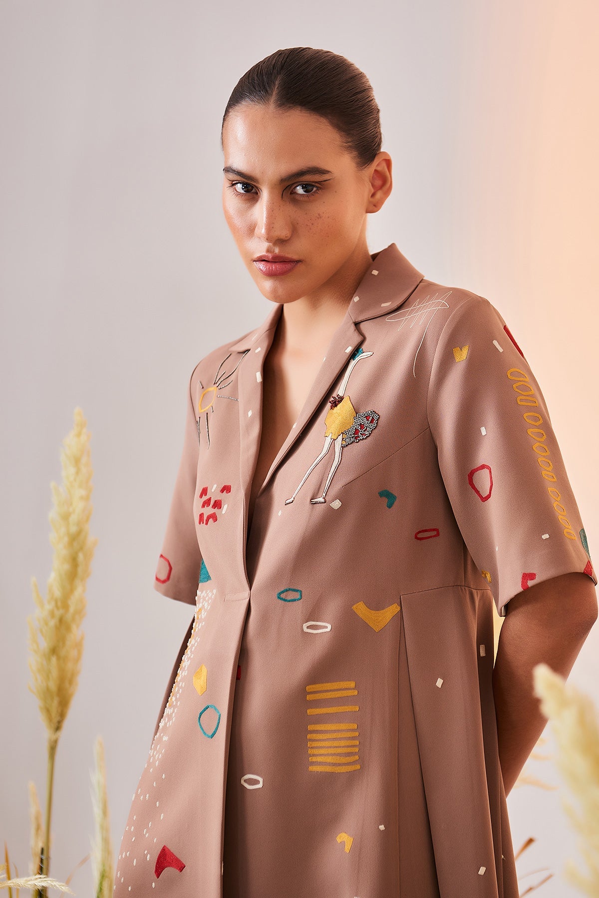 Abstract Shapes And Ostrich Panelled Waist Dress
