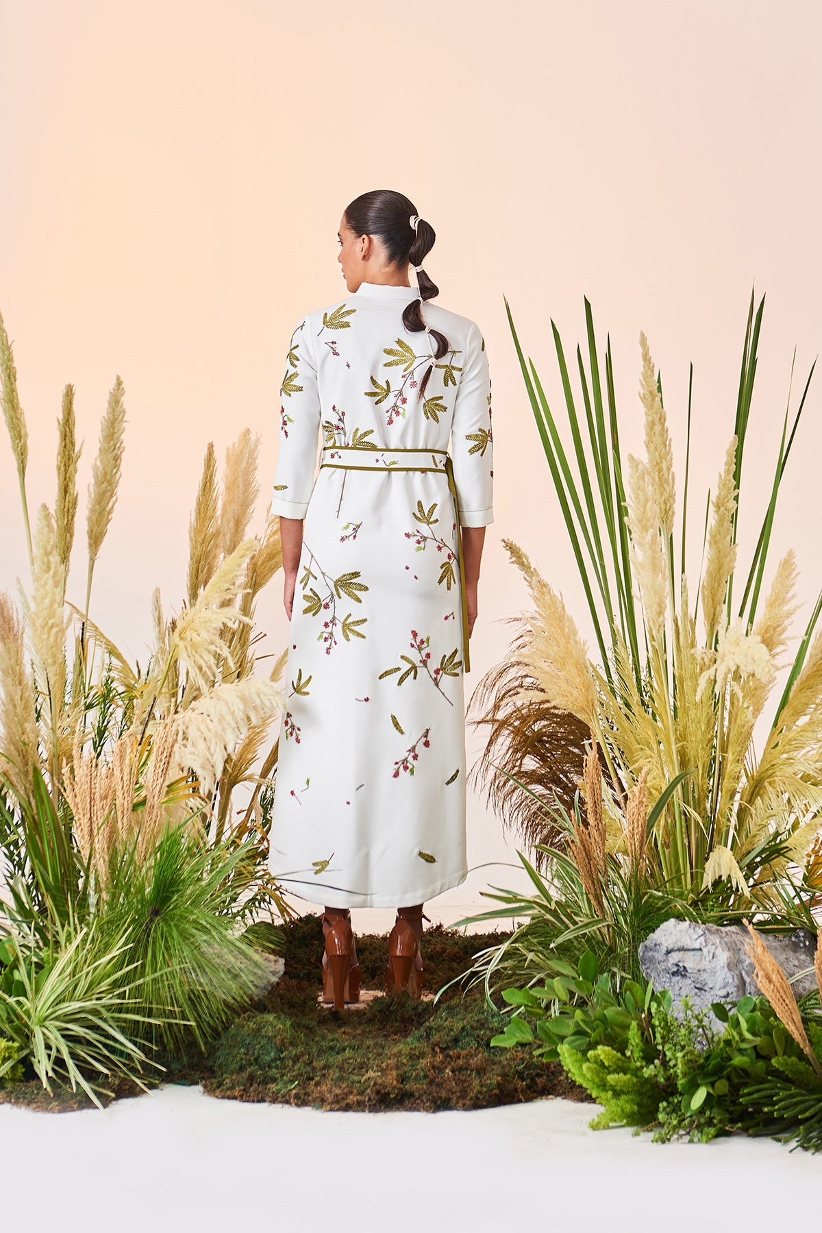 Tiny Branches Long Shirt Dress With Buckle Belt