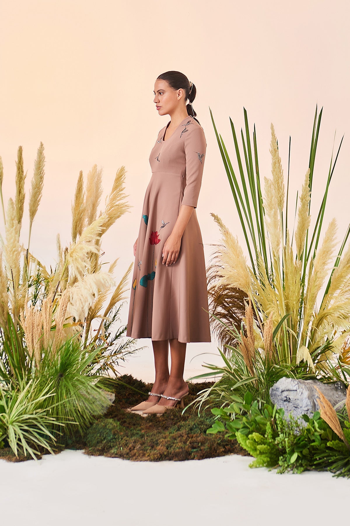 Lotus And Humming Bird Circular Midi Dress