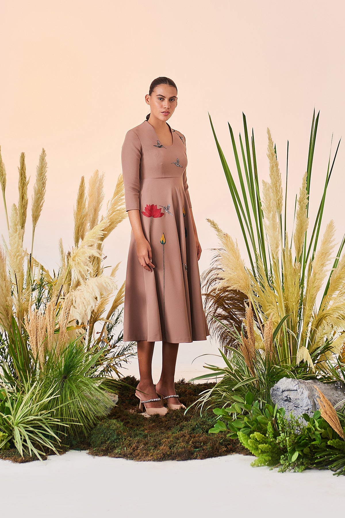 Lotus And Humming Bird Circular Midi Dress