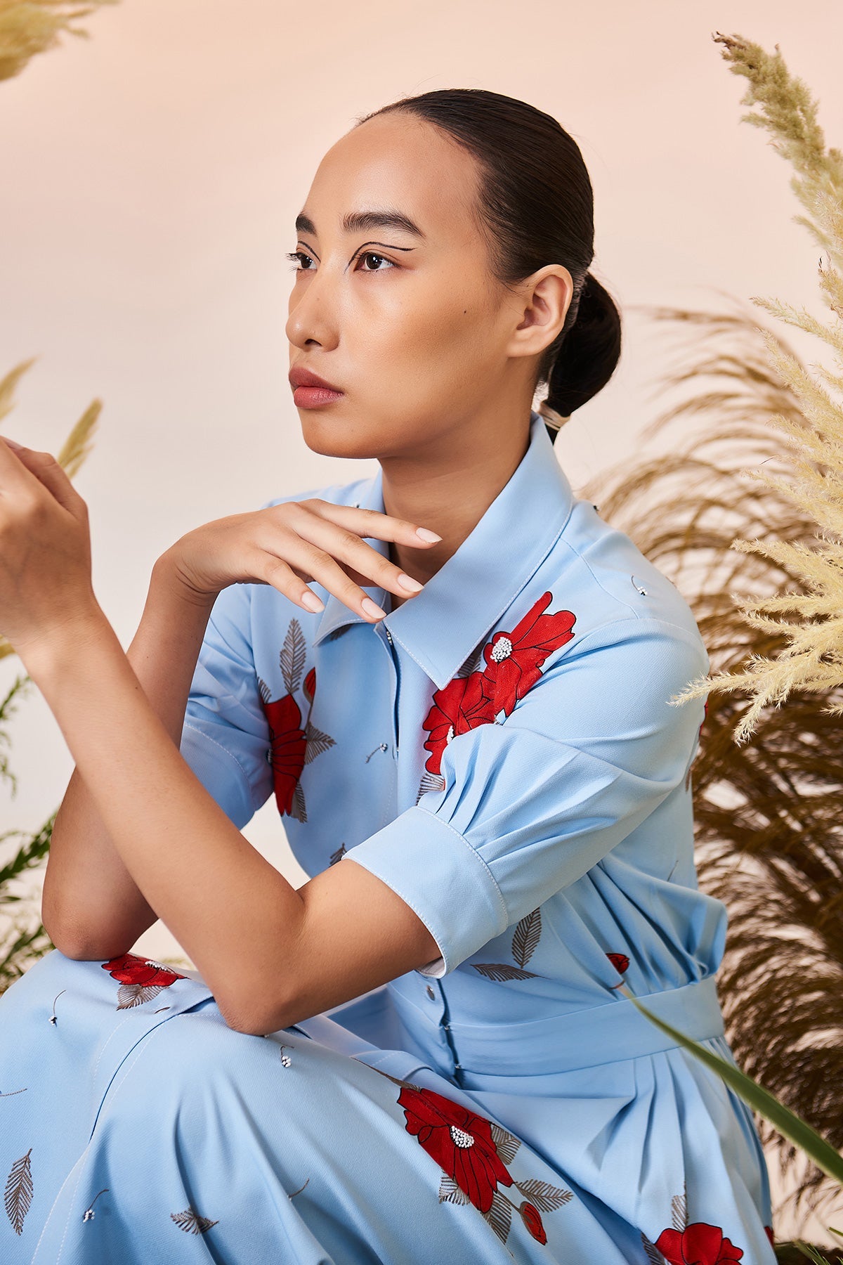 Blooming Flowers Side Pleated Long Dress