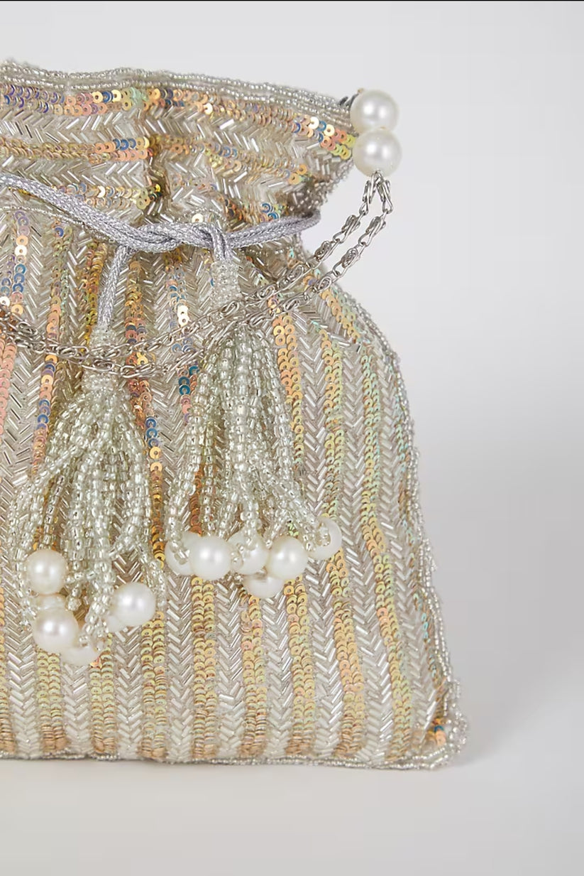 CY Silver Rainbow sequins Hand Embroidered Potli Closeup 1