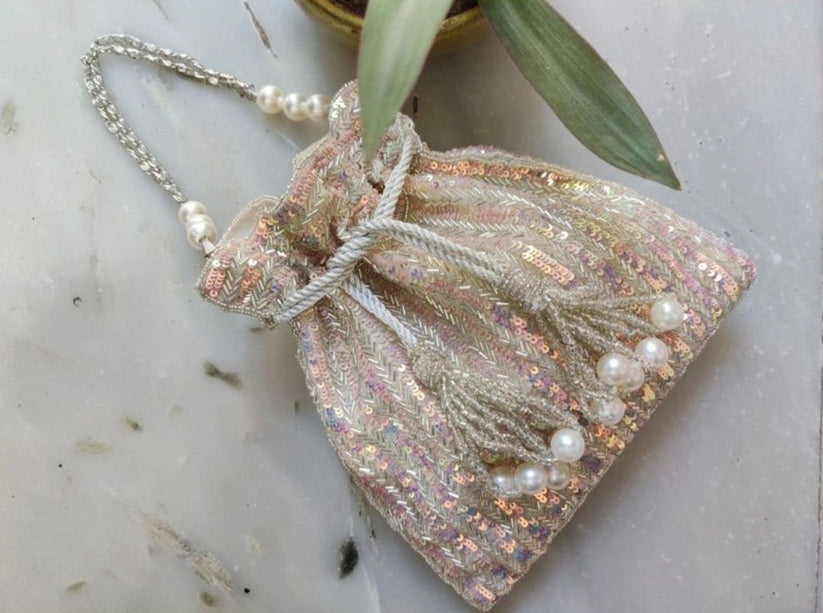 CY Silver Rainbow sequins Hand Embroidered Potli Front 1