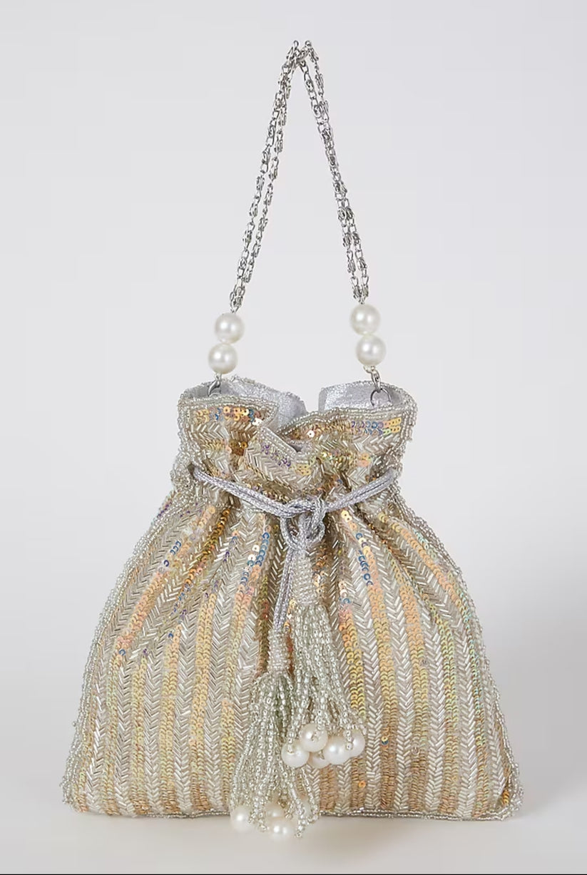 CY Silver Rainbow sequins Hand Embroidered Potli Front 2