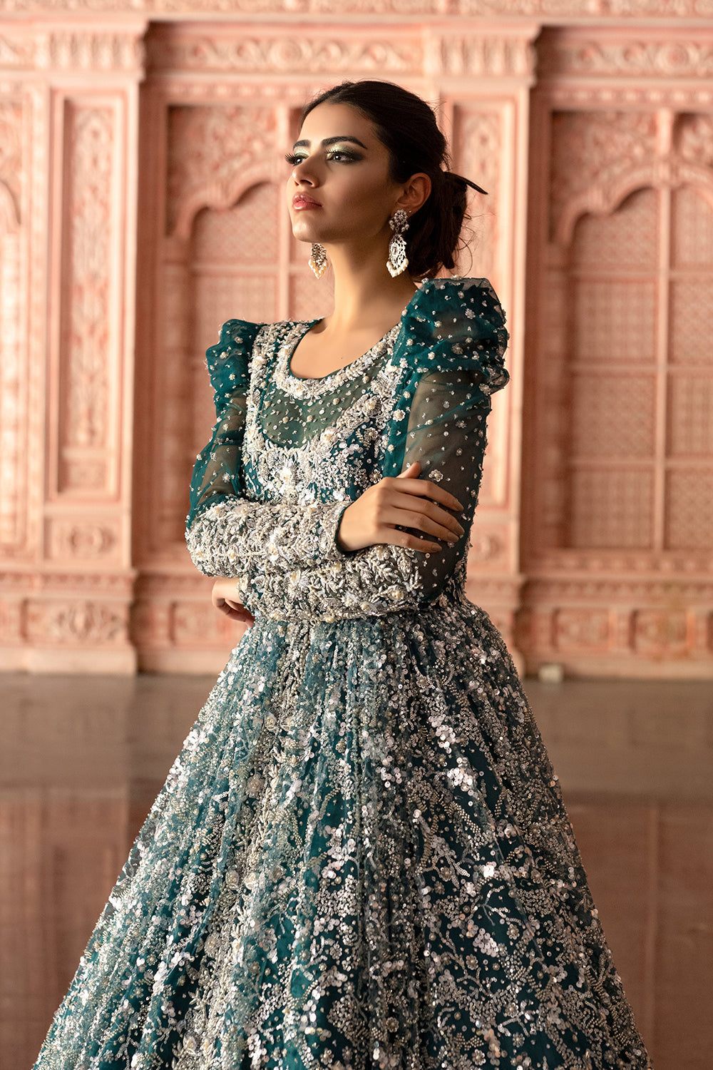 Emerald Green Sequin Trail Gown.