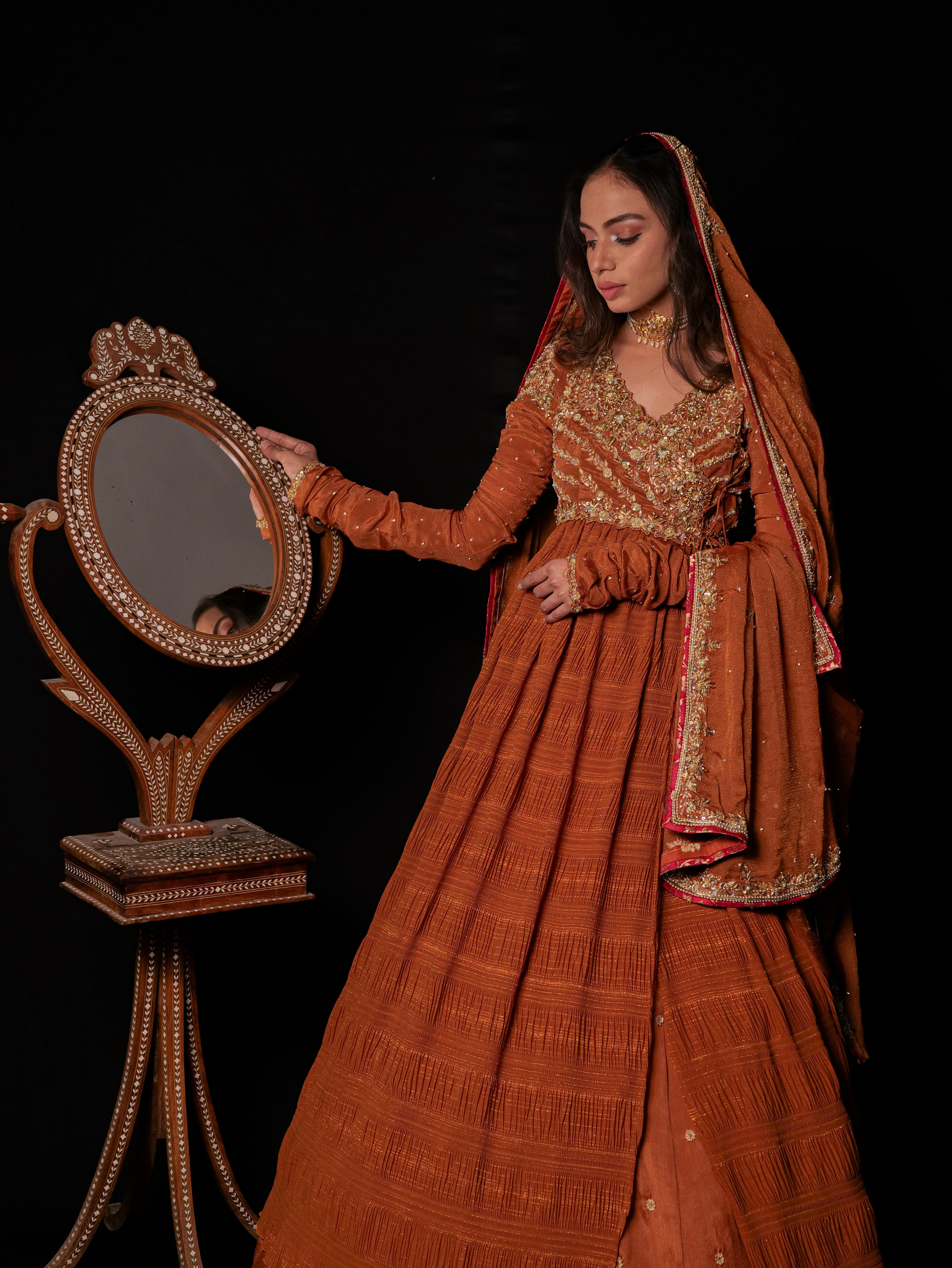 Ruched anarkali with lehenga