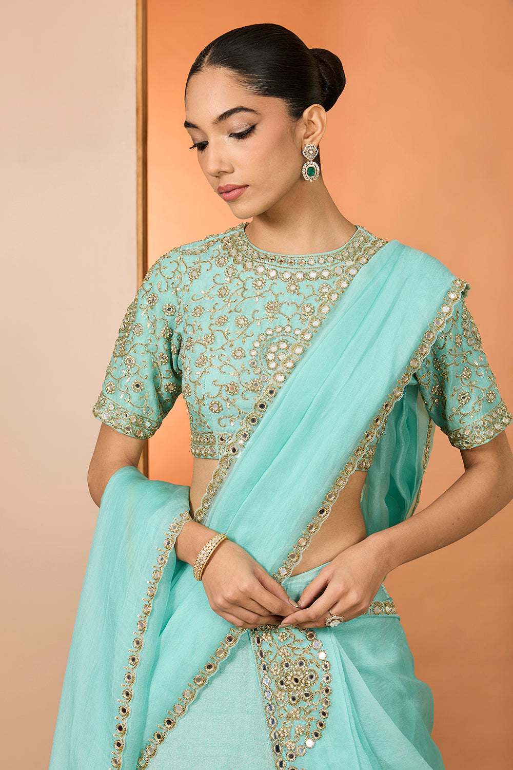 Sky Blue Tissue Silk Hand Embroidered Lehenga Set With Puresatin Silk Blouse And Silk Organza Dupatta