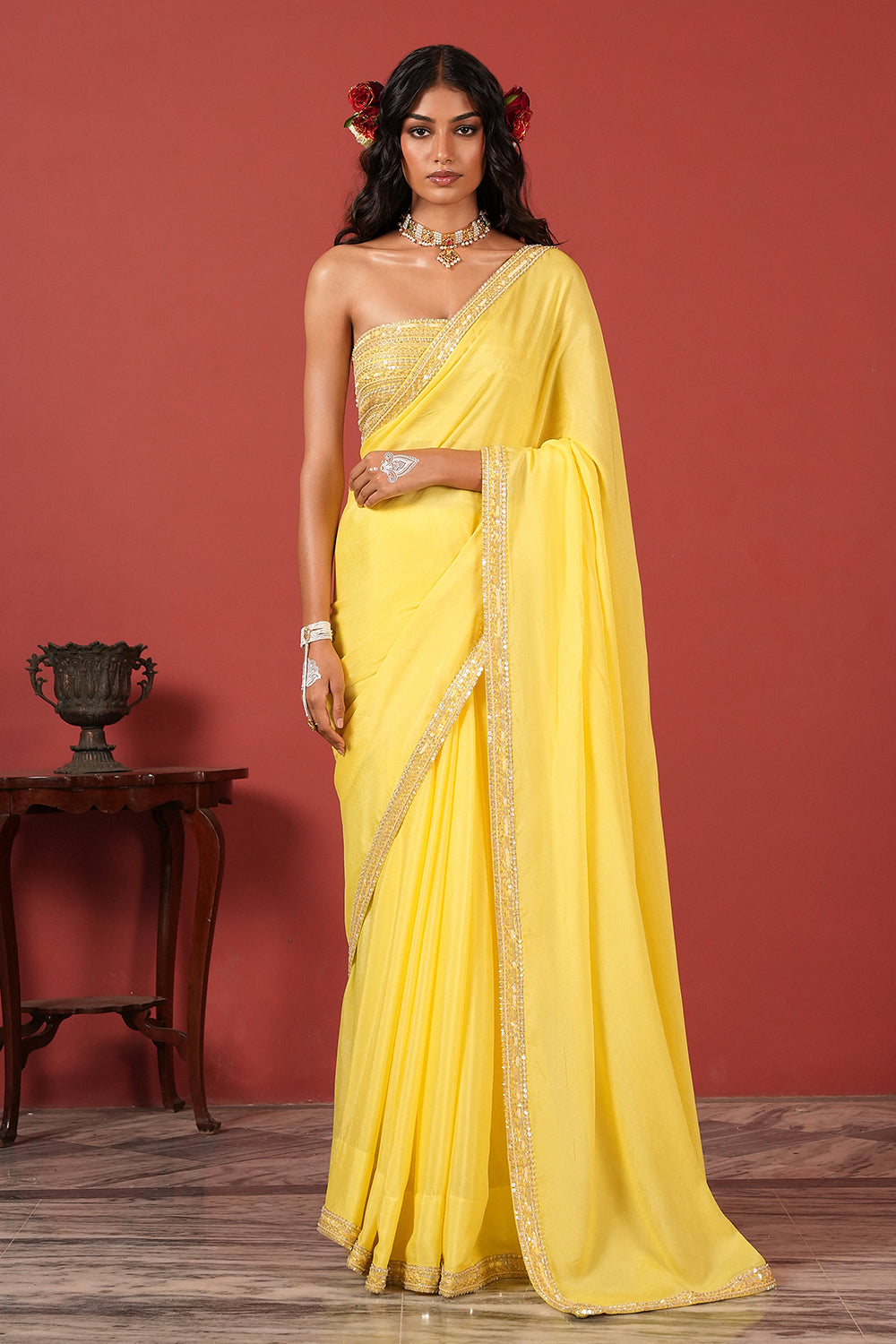 Sunshine Yellow Saree with Off-Shoulder Embroidered Blouse
