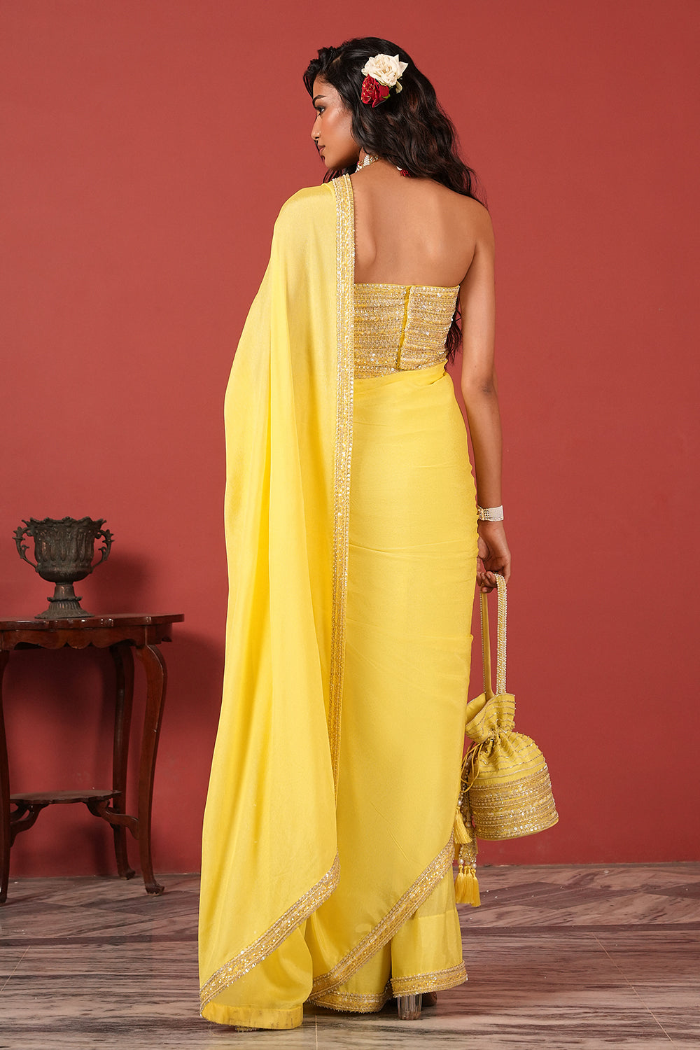 Sunshine Yellow Saree with Off-Shoulder Embroidered Blouse