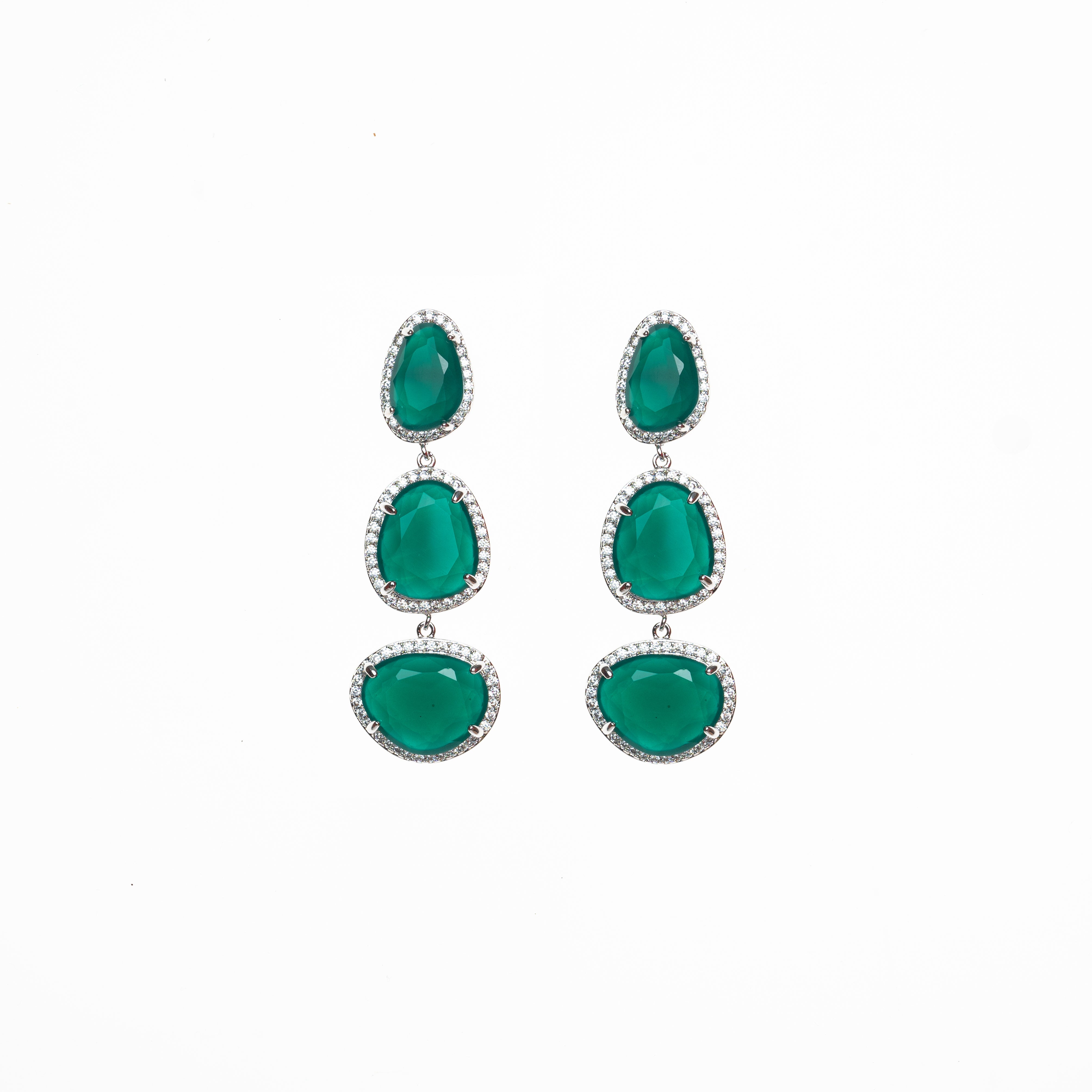 CY Synthetic Emerald & Uncut Zircons Dangling Earrings In White Finish