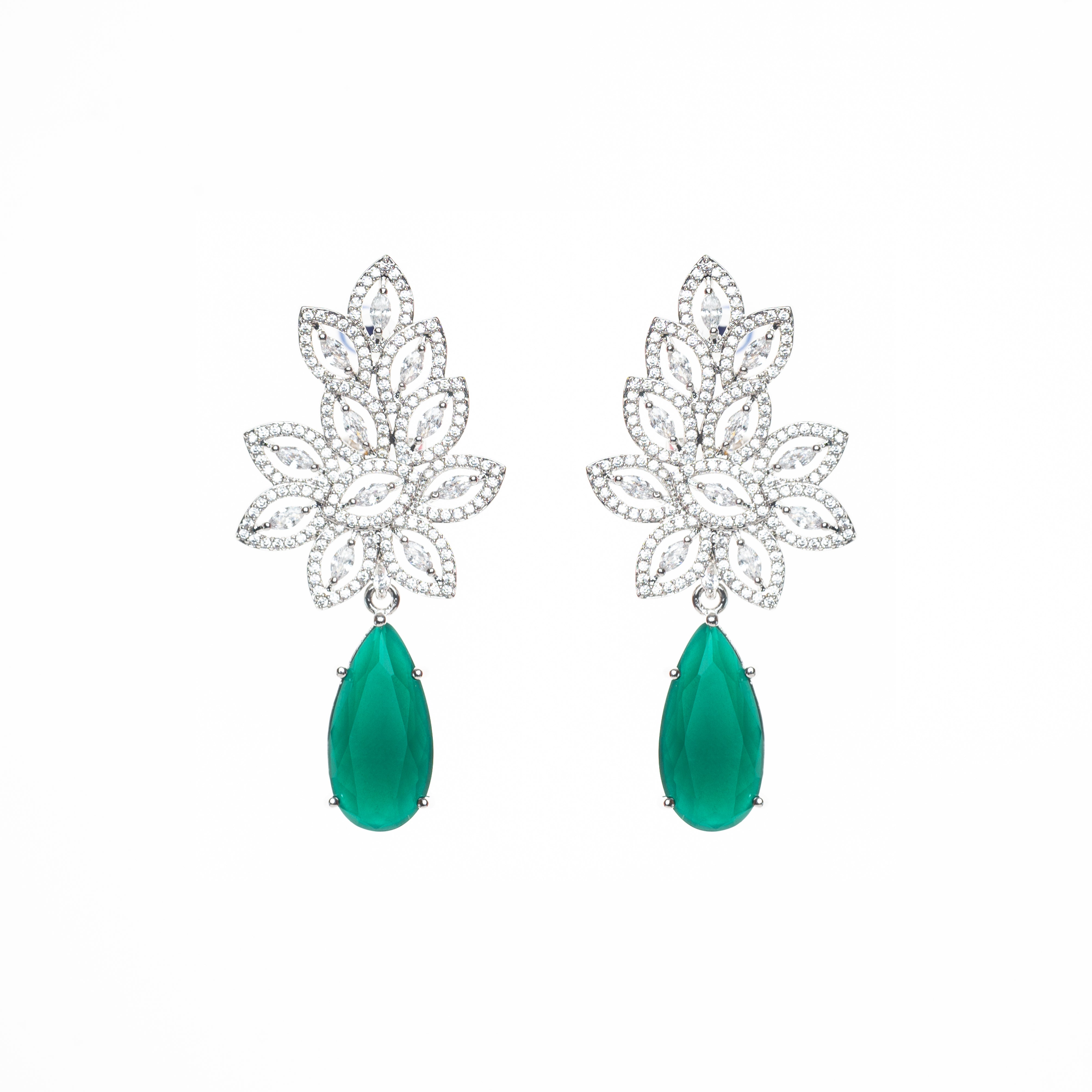 CY Synthetic Emerald & Uncut Zircons Dangling Earrings In White Finish