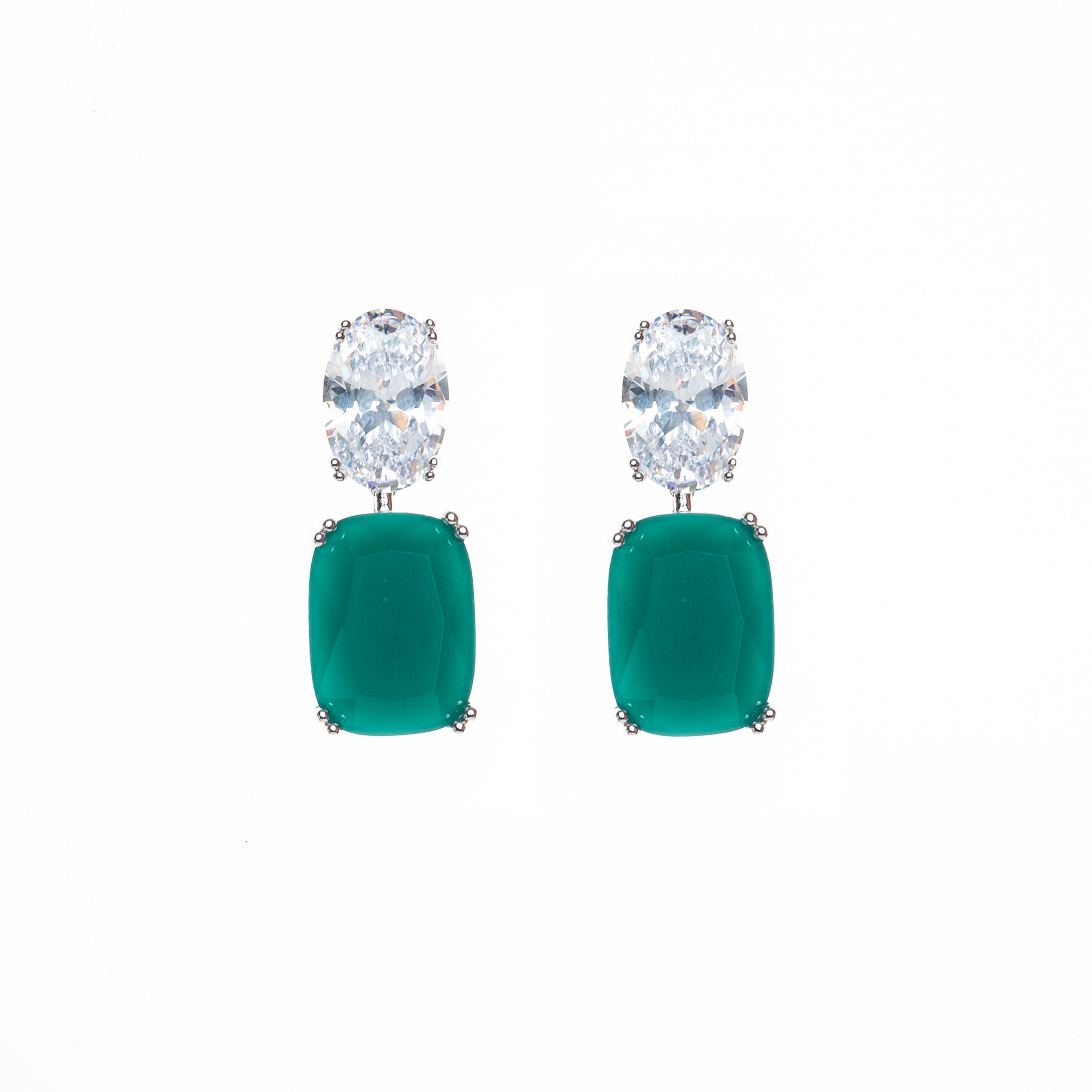CY Synthetic Emerald & Uncut Zircons Dangling Earrings in White Finish
