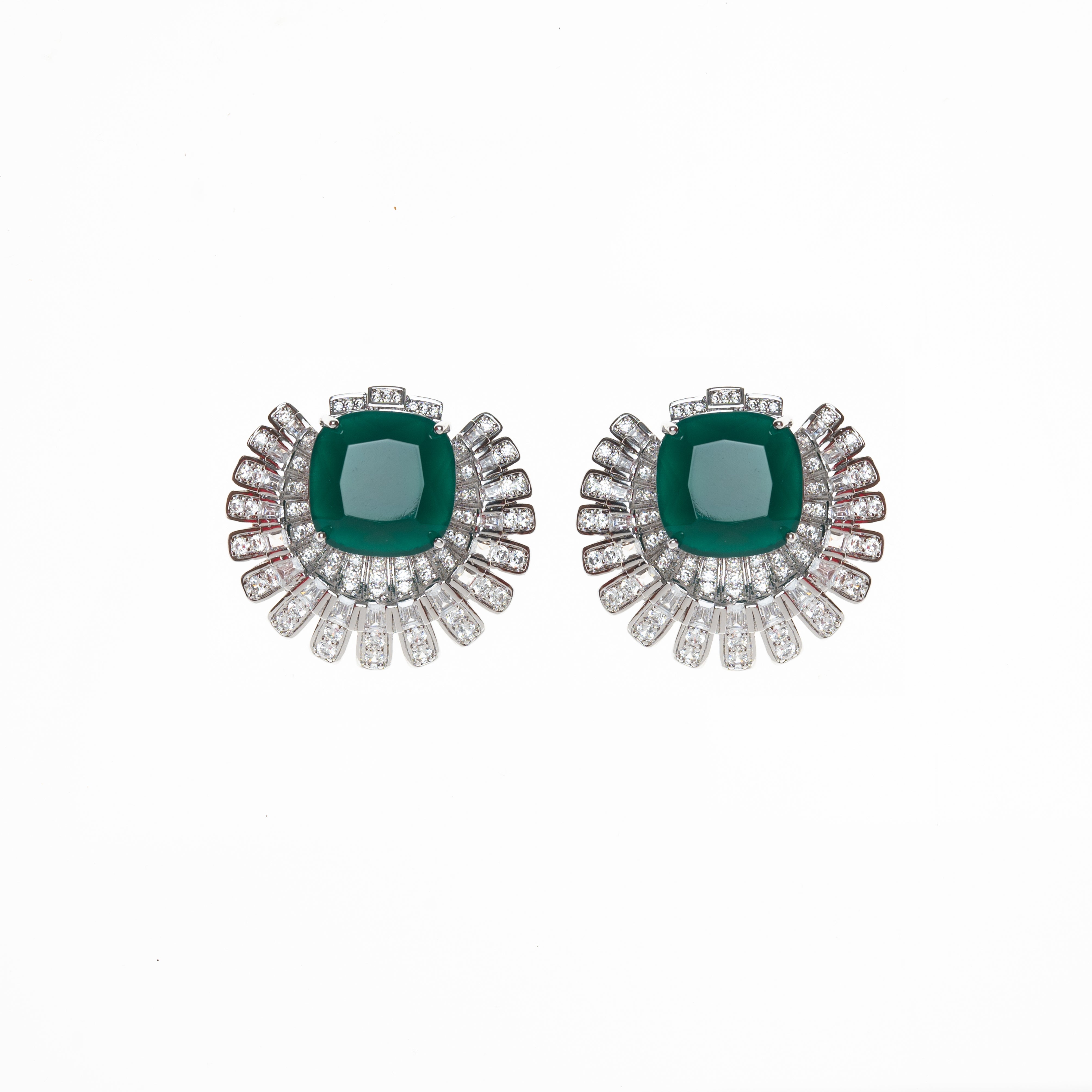 CY Synthetic Emerald & Uncut Zircons Stud Earrings In White Finish