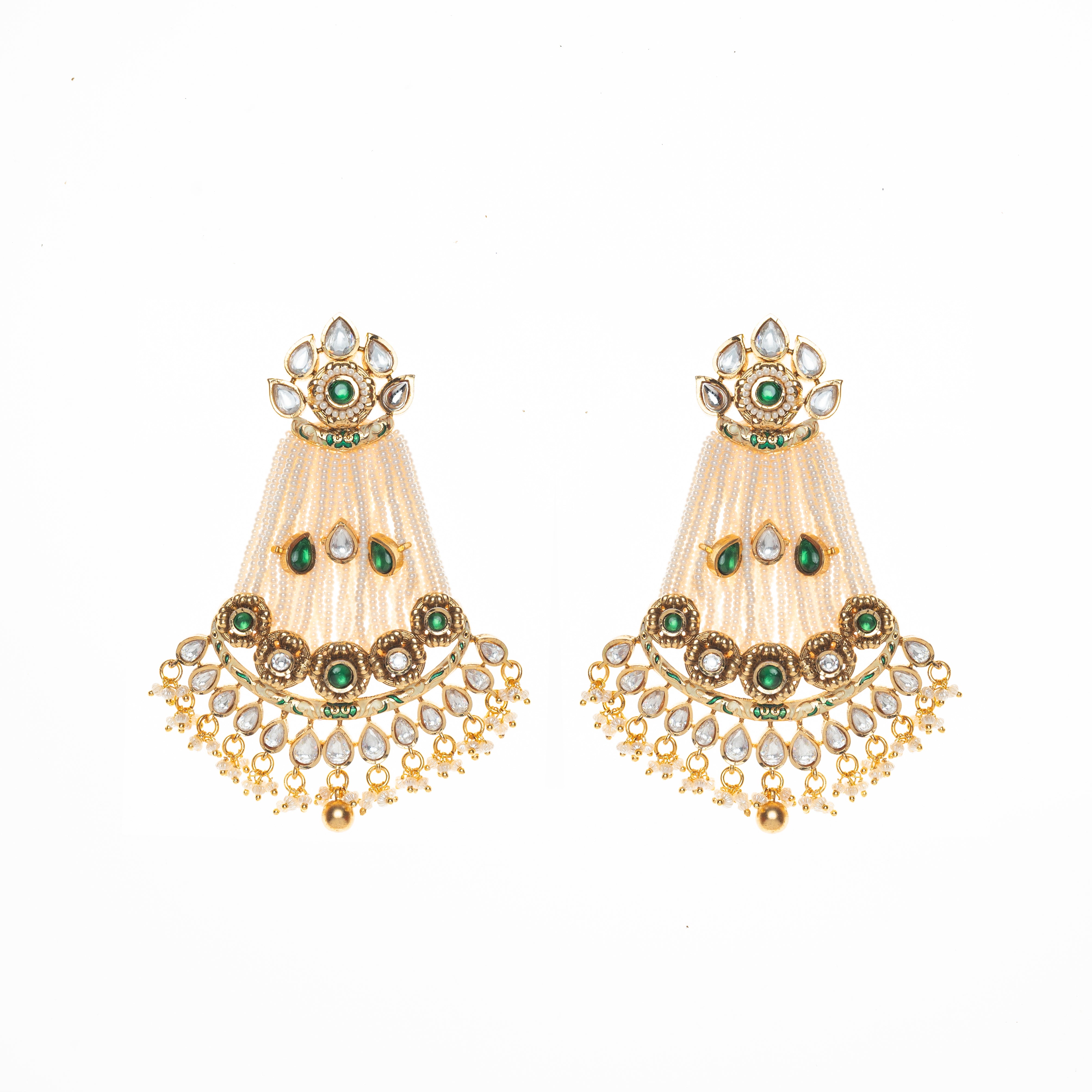 CY Synthetic Emerald & Uncut Zircons With Pearls Dangling Earrings In Gold Finish