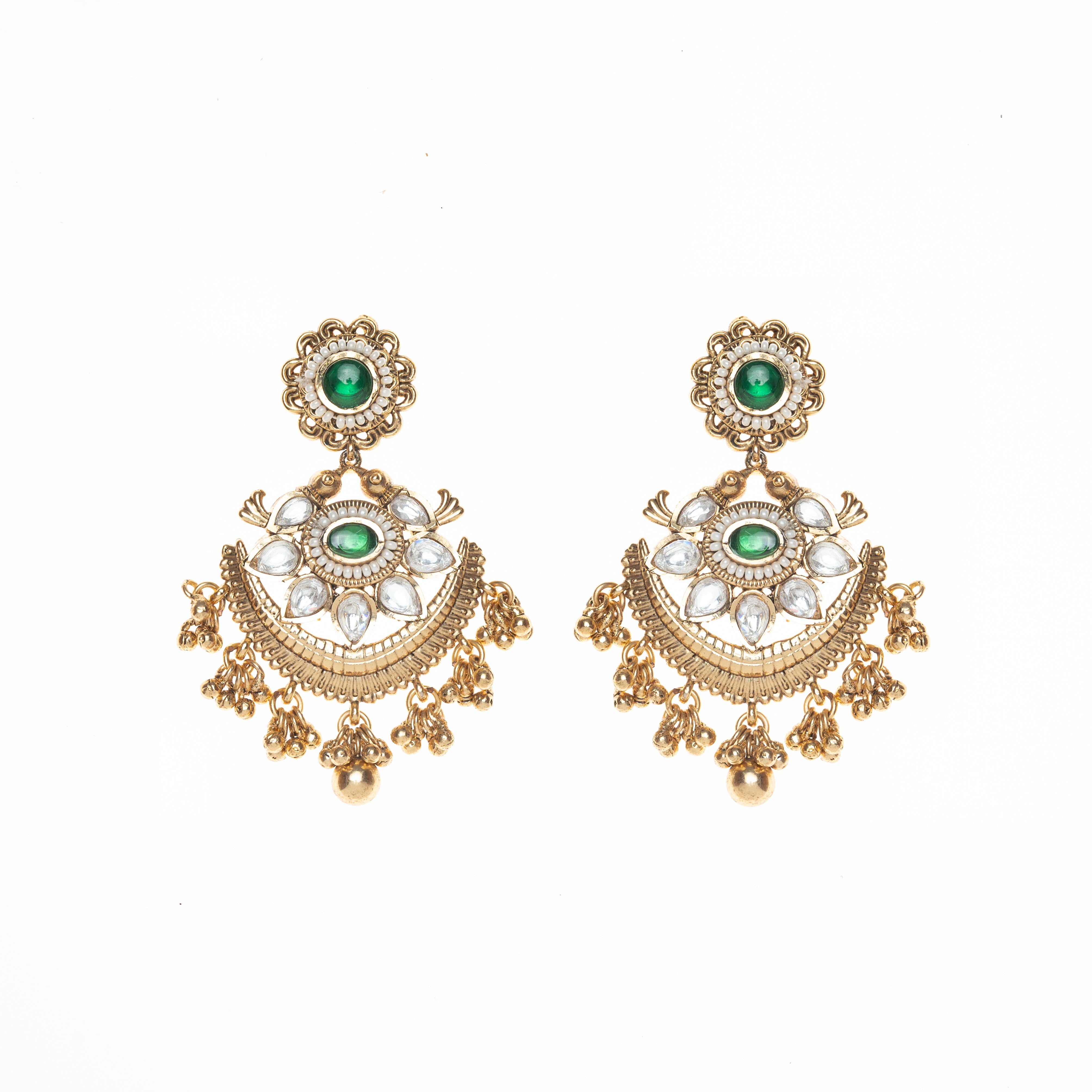 CY Synthetic Mint Green Stone & White Uncut Zircon Stone Stud Earrings In Gold Finish