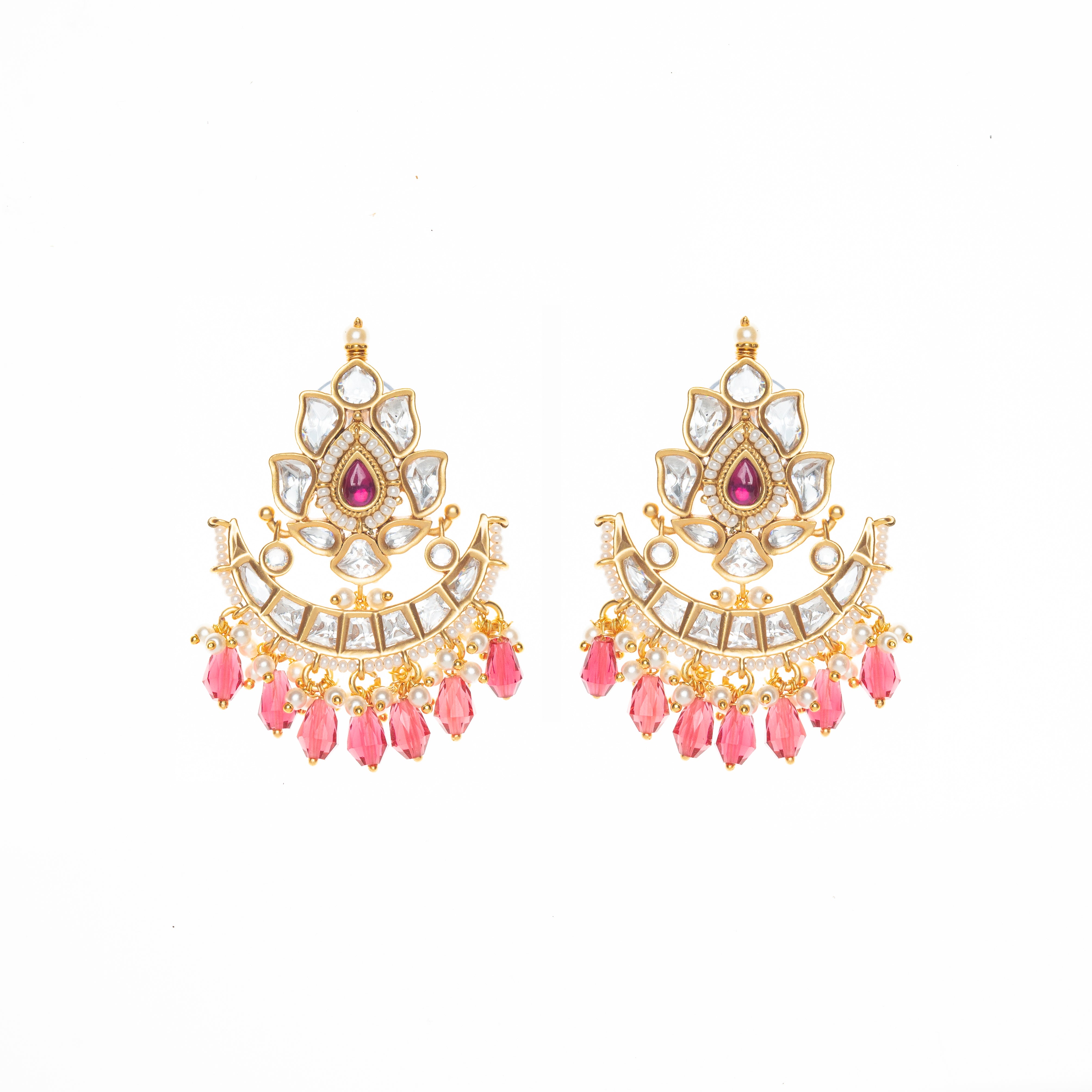 CY Synthetic Ruby And White Uncut Zircon Stone Dangler Earrings In Gold Finish