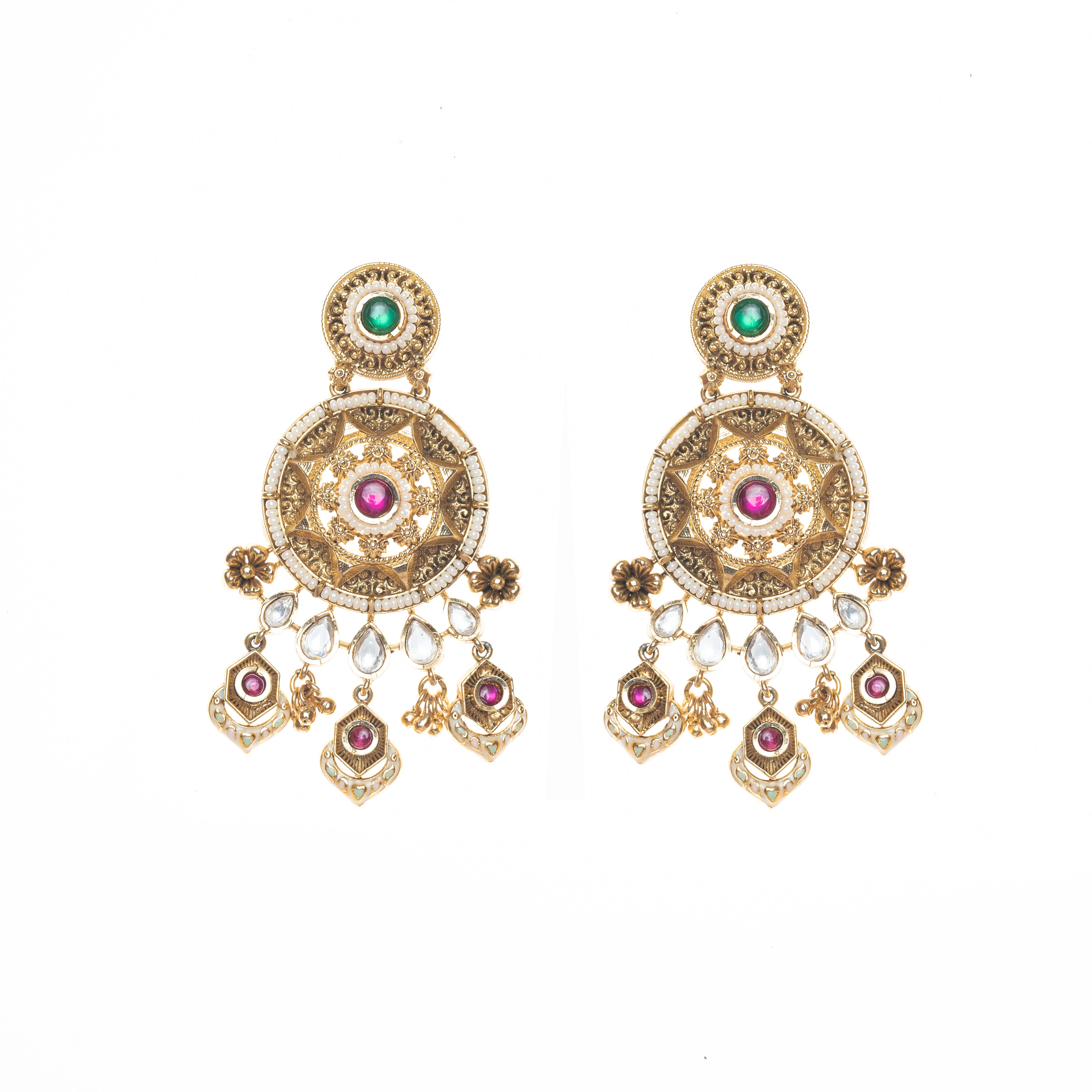 CY Synthteic Emerald, Uncut Zircon Stone Dangler Earrings In Gold Finish