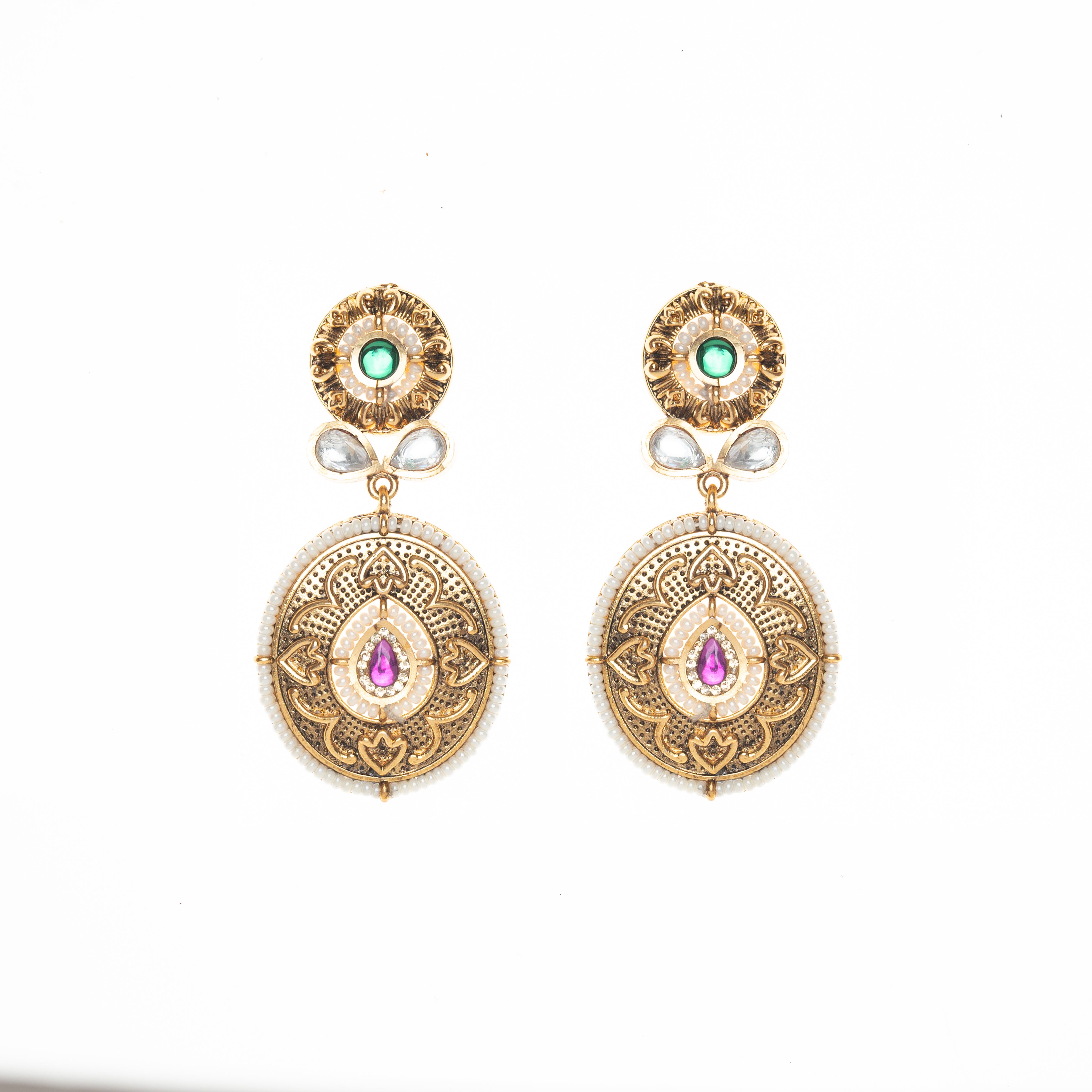 CY Synthteic Emerald,Uncut Zircon Stone Dangler Earrings in Gold Finish