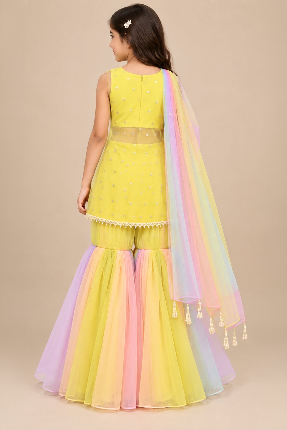 Lemon Yellow Embellished Suit With Dreamy Pastel Panelled Gharara With Matching Dupatta