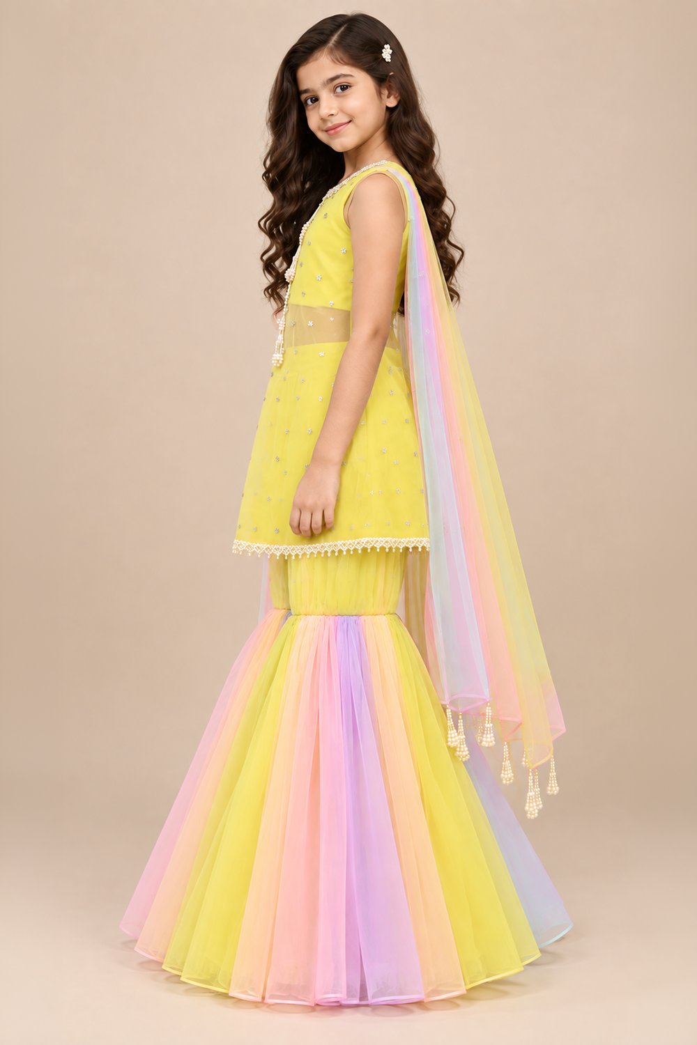 Lemon Yellow Embellished Suit With Dreamy Pastel Panelled Gharara With Matching Dupatta