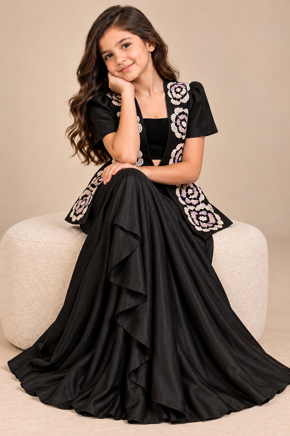 Sleek Draped Skirt Paired With With A Statement Jacket Adorned With Floral Embroidery And Crop Top