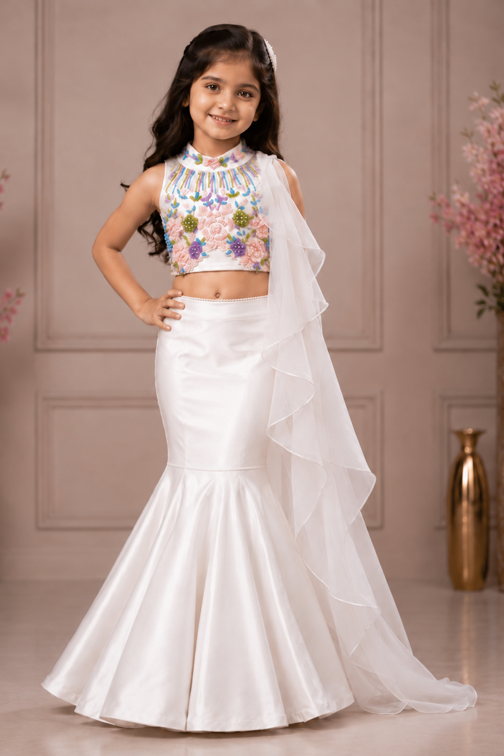 Stunning Fish Cut Lehenga With Vibrant Multi Color Embroidered Blouse And A Flowy Ruffle Dupatta