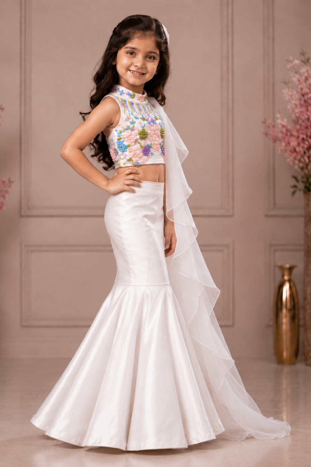 Stunning Fish Cut Lehenga With Vibrant Multi Color Embroidered Blouse And A Flowy Ruffle Dupatta