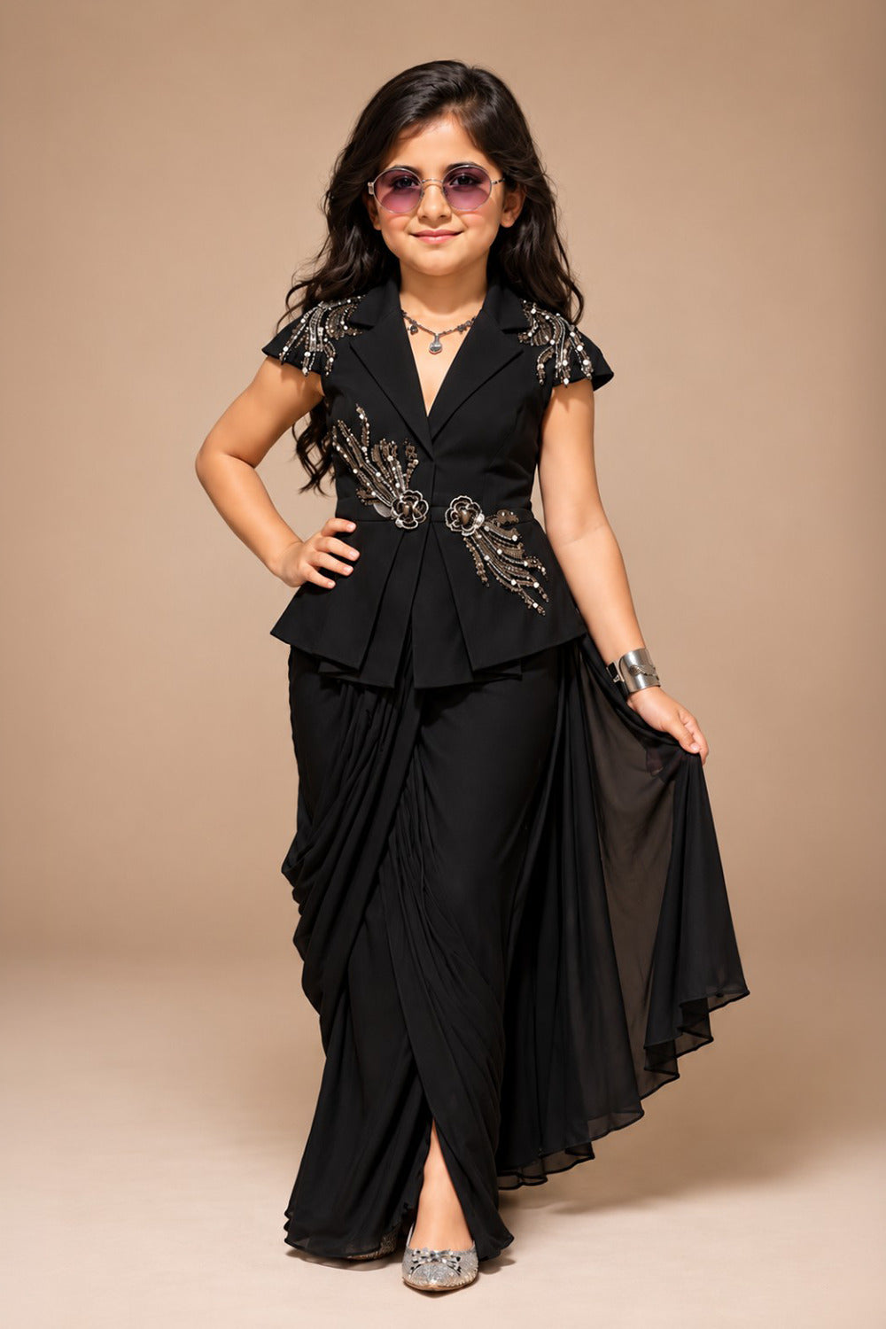 Indo Western Ensemble Featuring Blazer Style Top With Elegant Draped Skirt