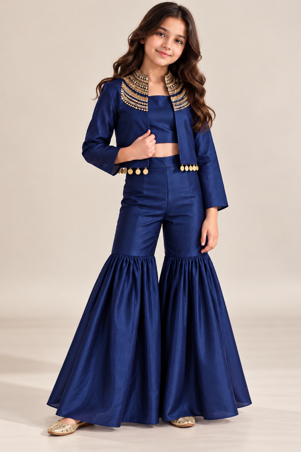Stylish Indo Western Set With Golden Embroidery And Hangings Paired With Crop Top N Gharara