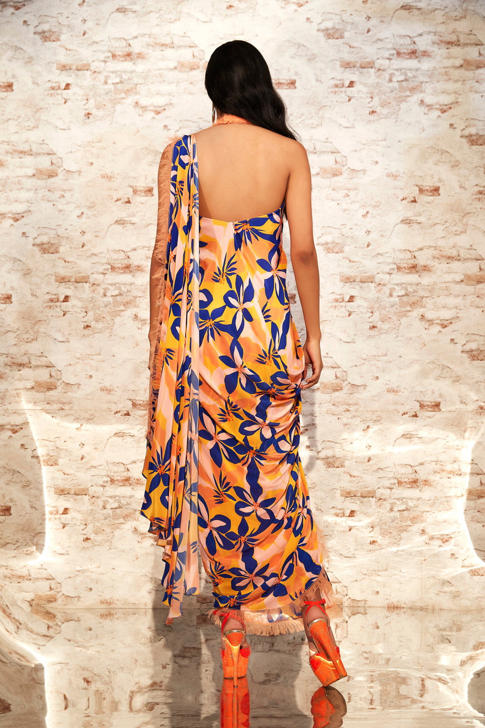 Orange Pre-Draped Saree