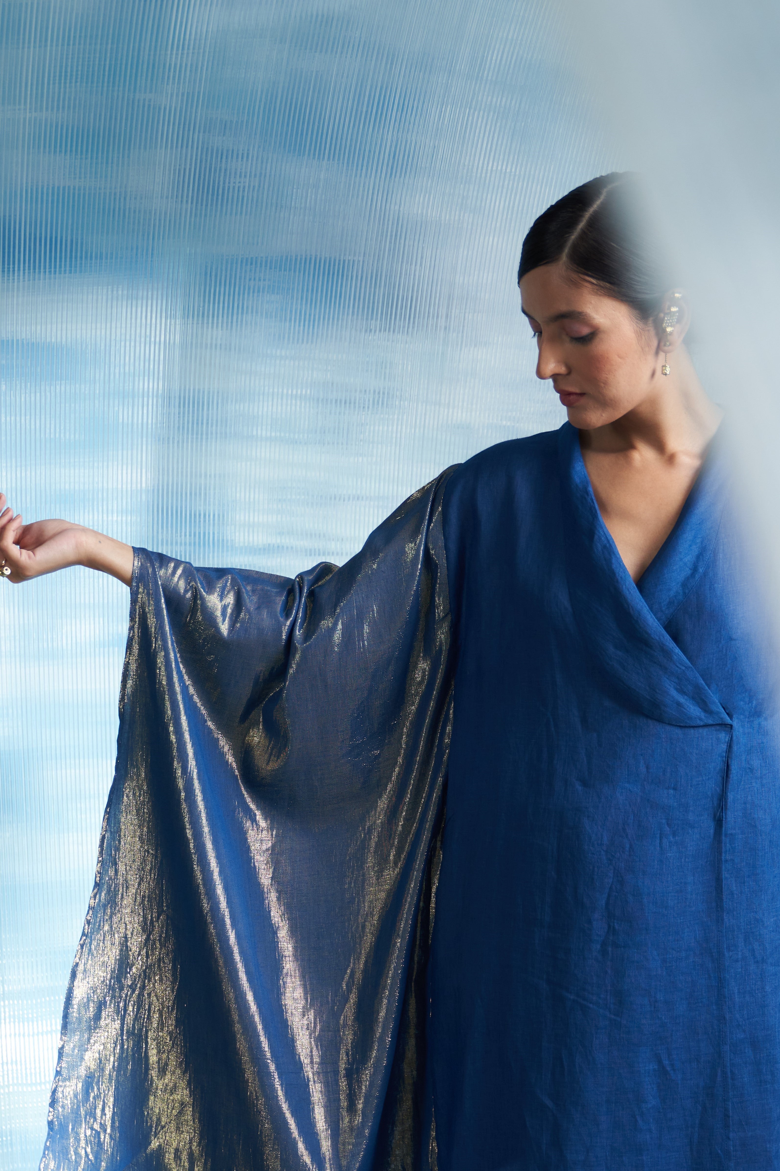 CY Charkhee Aura Royal Blue Wrap Kurta Closeup 1