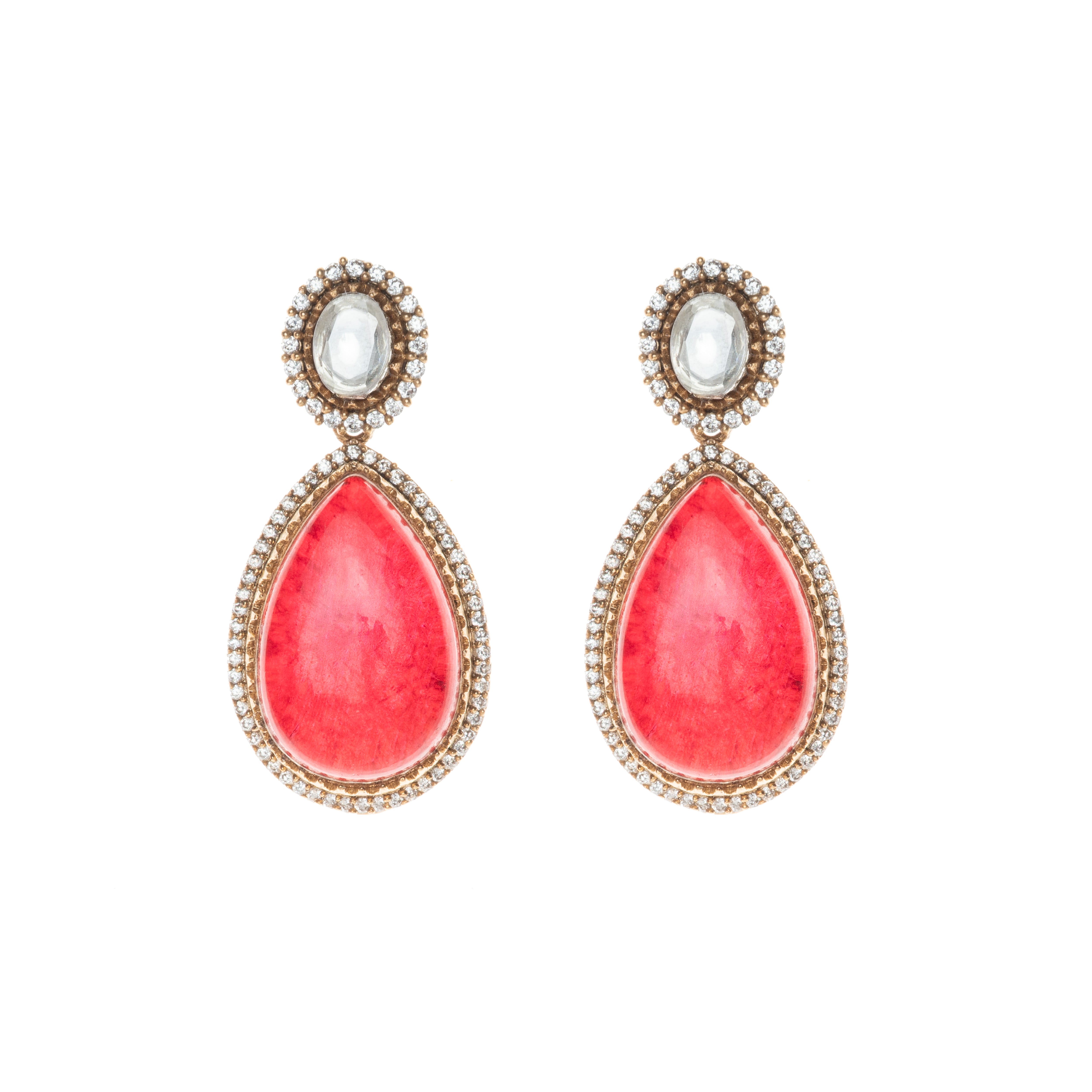 CY Uncut Zircon Stone, Synthetic Emerald Dangling Earrings In Gold Finish