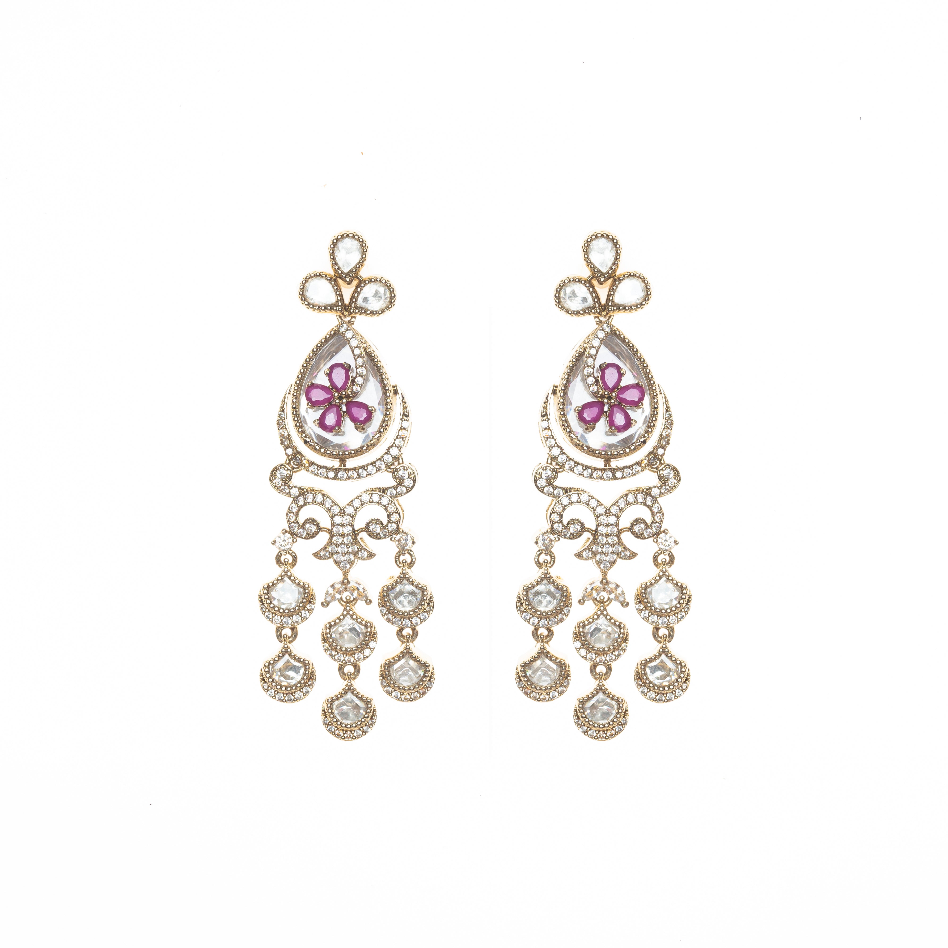 CY Uncut Zircon Stone & Synthetic Ruby Dangler Earrings In Victorian Polish