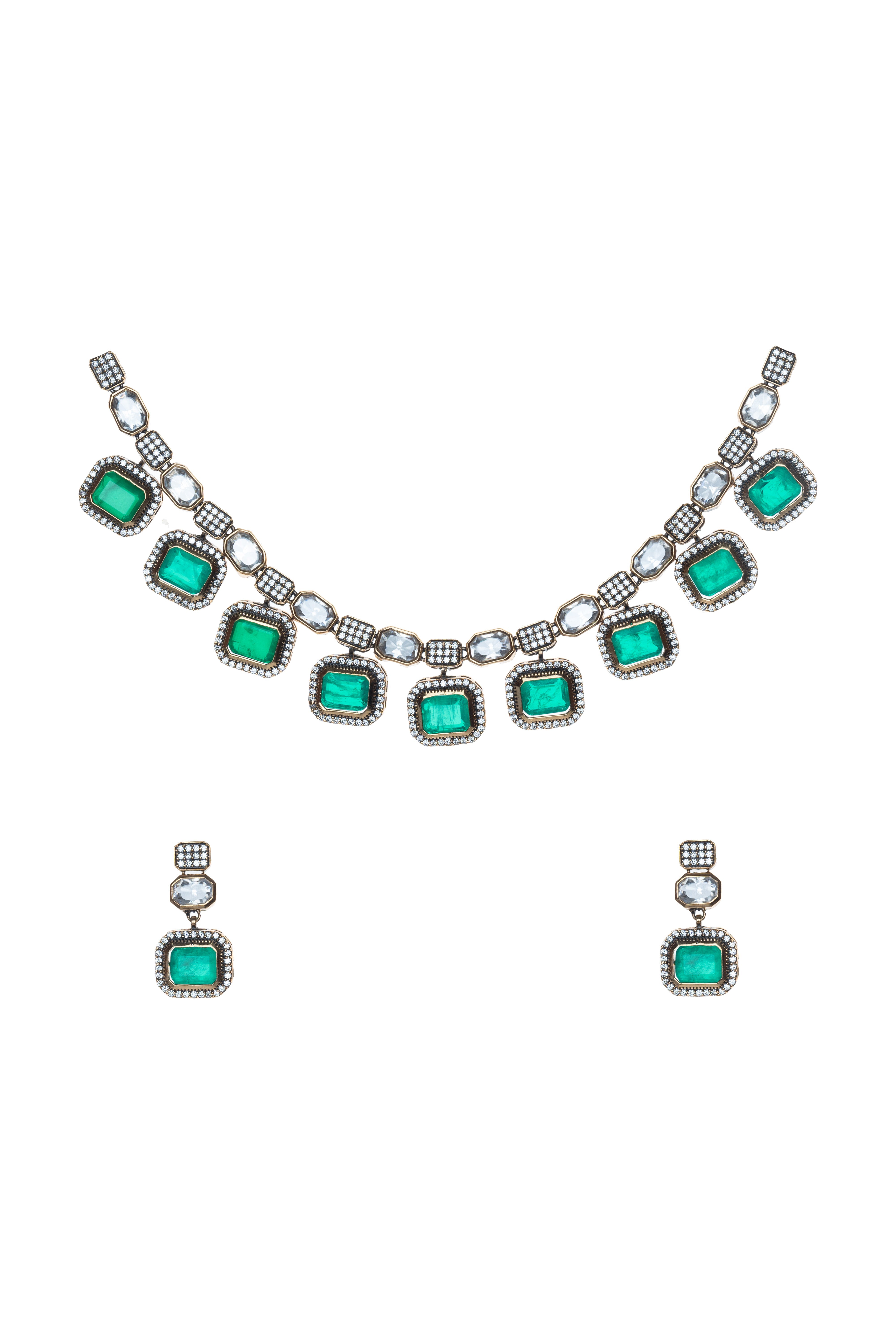 CY Uncut Zircon Stones With Synthetic Green Stones Necklace And Earring In Victorian Polish