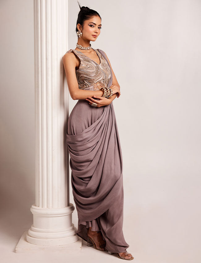 CY Saadgi Nagpal Ethereal Grey Drape Saree Side 2