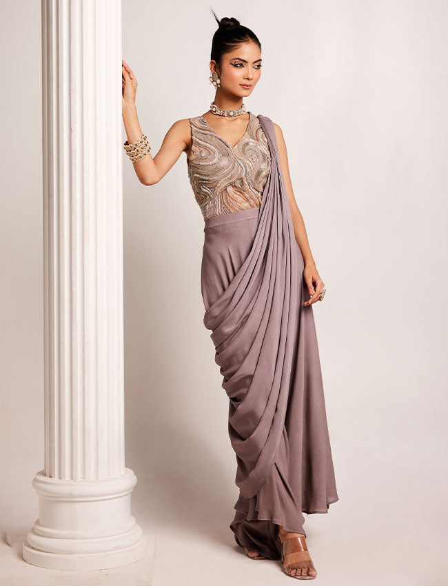 CY Saadgi Nagpal Ethereal Grey Drape Saree Side 1