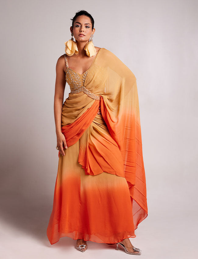 CY Saadgi Nagpal Sunset Serenade Ombre Drape Saree Front 1