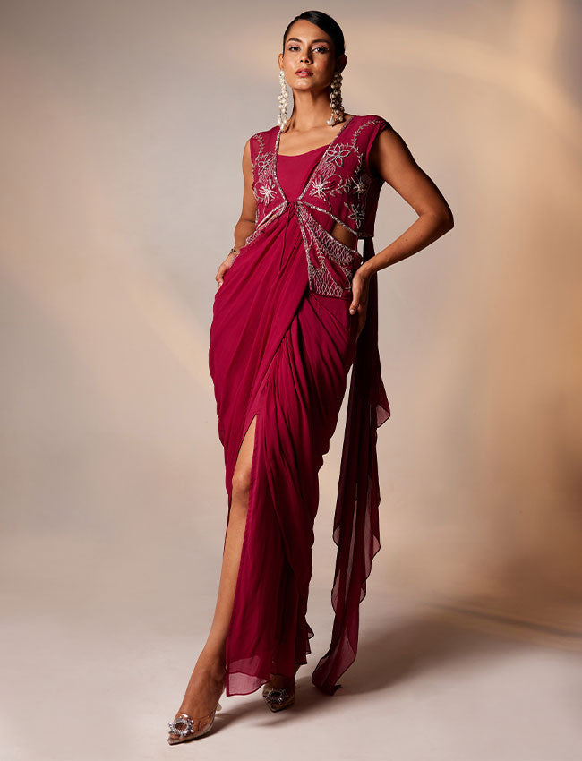 CY Saadgi Nagpal Mexican Pink Symphony Draped Saree Front 2