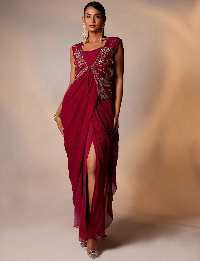 CY Saadgi Nagpal Mexican Pink Symphony Draped Saree Front 1