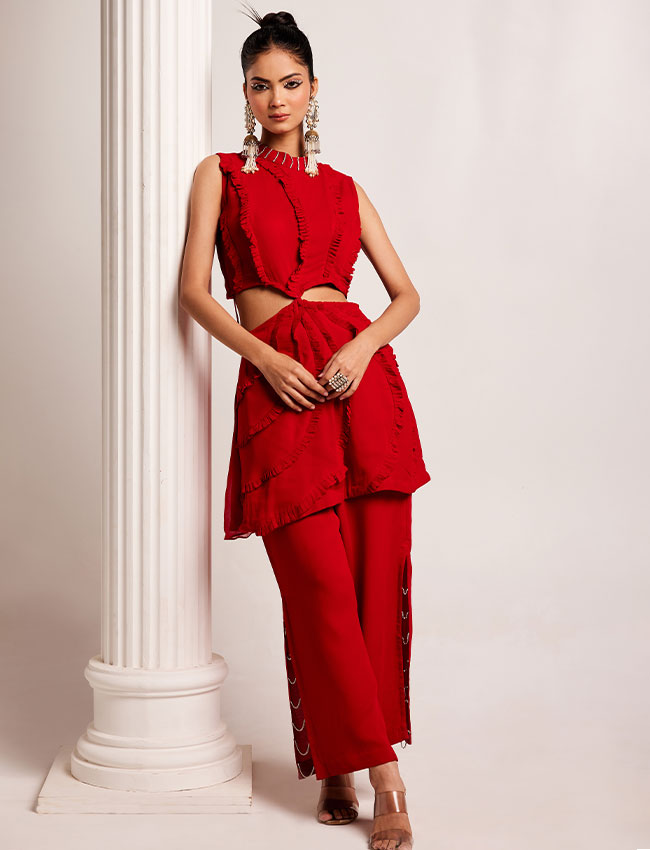 CY Saadgi Nagpal Crimson Cutout Co-Ord Set Front 1