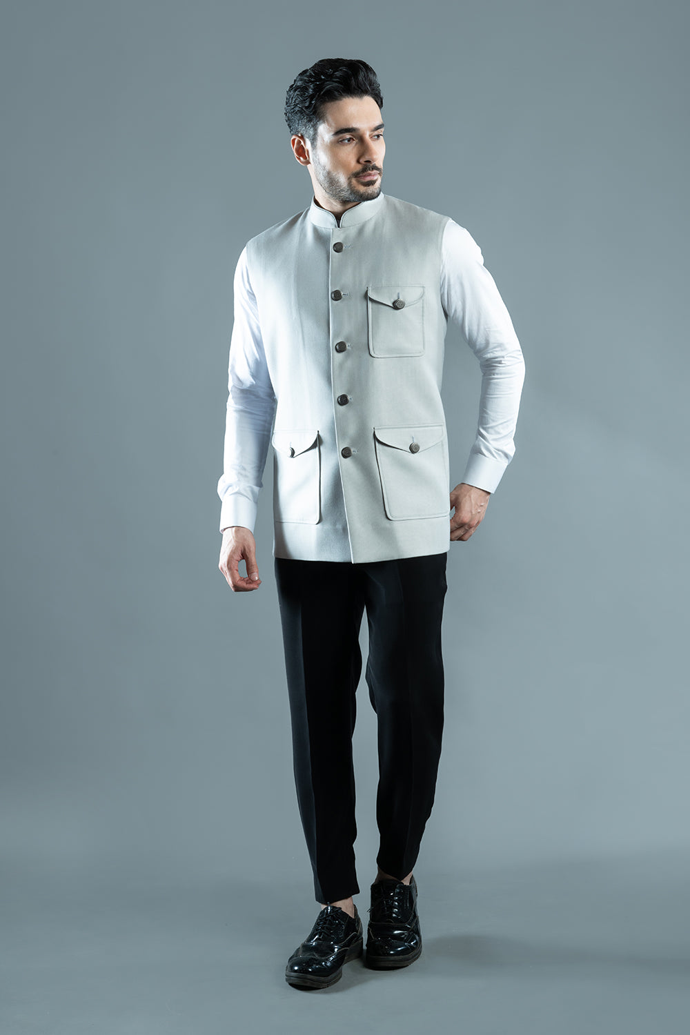 Grey Textured Nehru Jacket