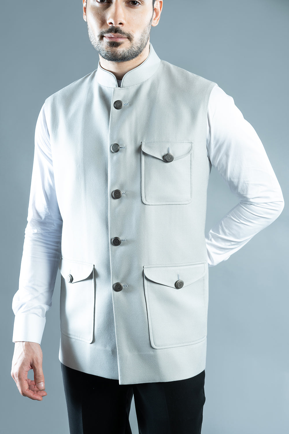 Grey Textured Nehru Jacket