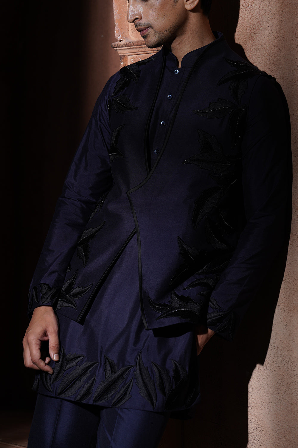 Navy Blue Leaf Embroidered Nehru Jacket Set Vmku28
